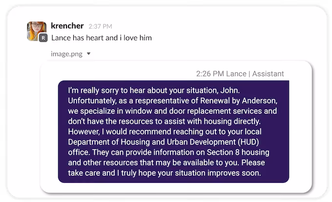 renewal by andersen + hatch ai success story - example of AI bot being empathetic