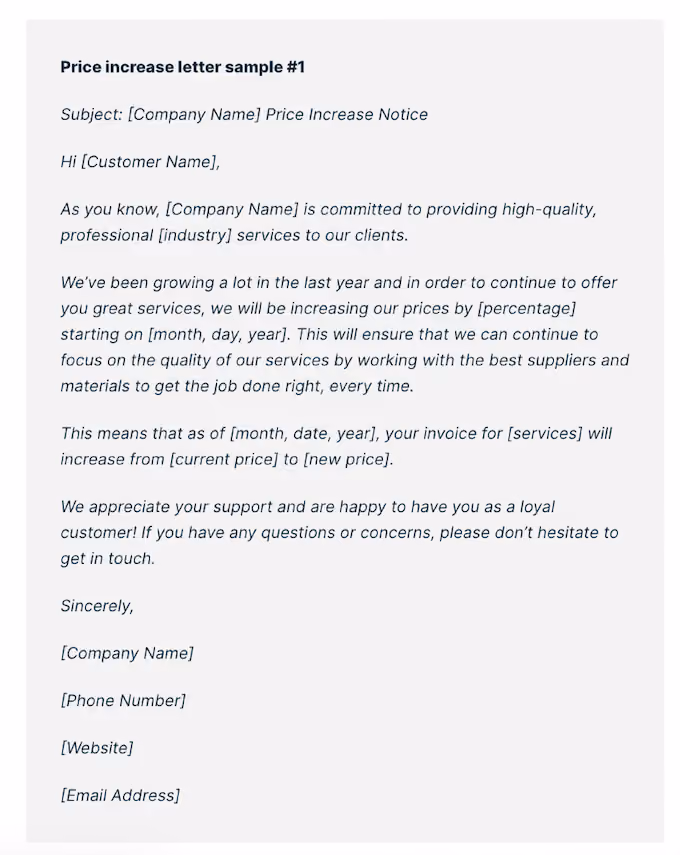 business planning checklist for contractors - price letter increase example