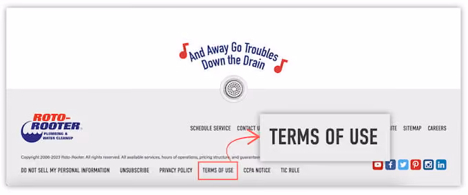 terms of use example in website footer
