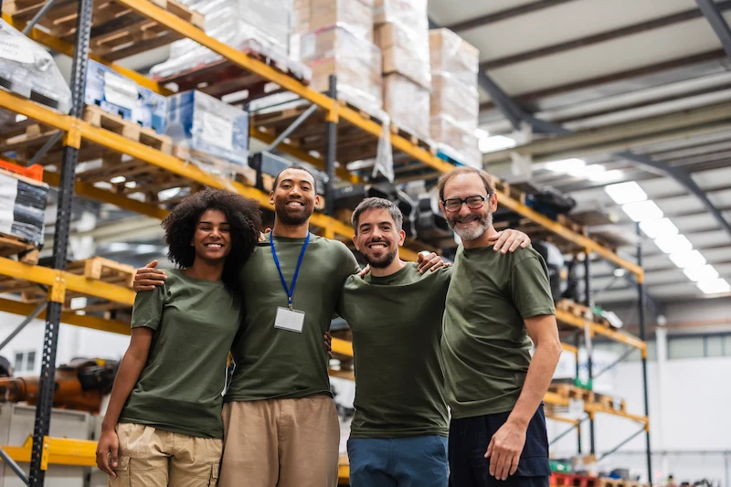 Four warehouse workers in green shirts smiling with arms around each other in a storage area.
