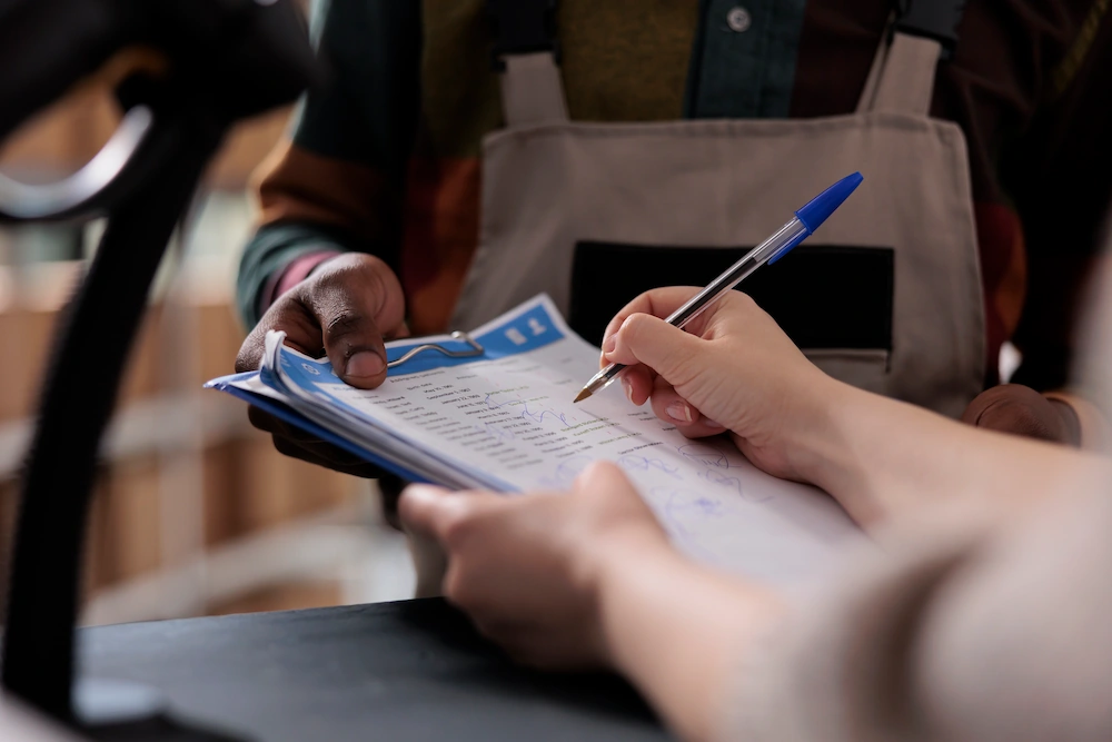 Person signing a logistics report on a clipboard held by another individual in a warehouse setting.