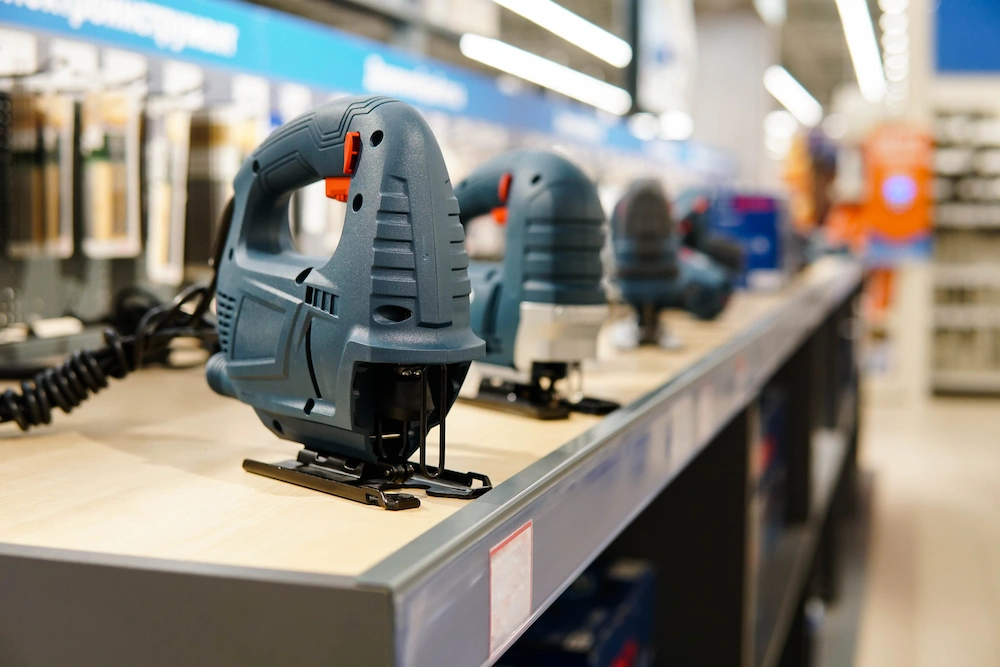 jigsaws on display in warehouse aisle