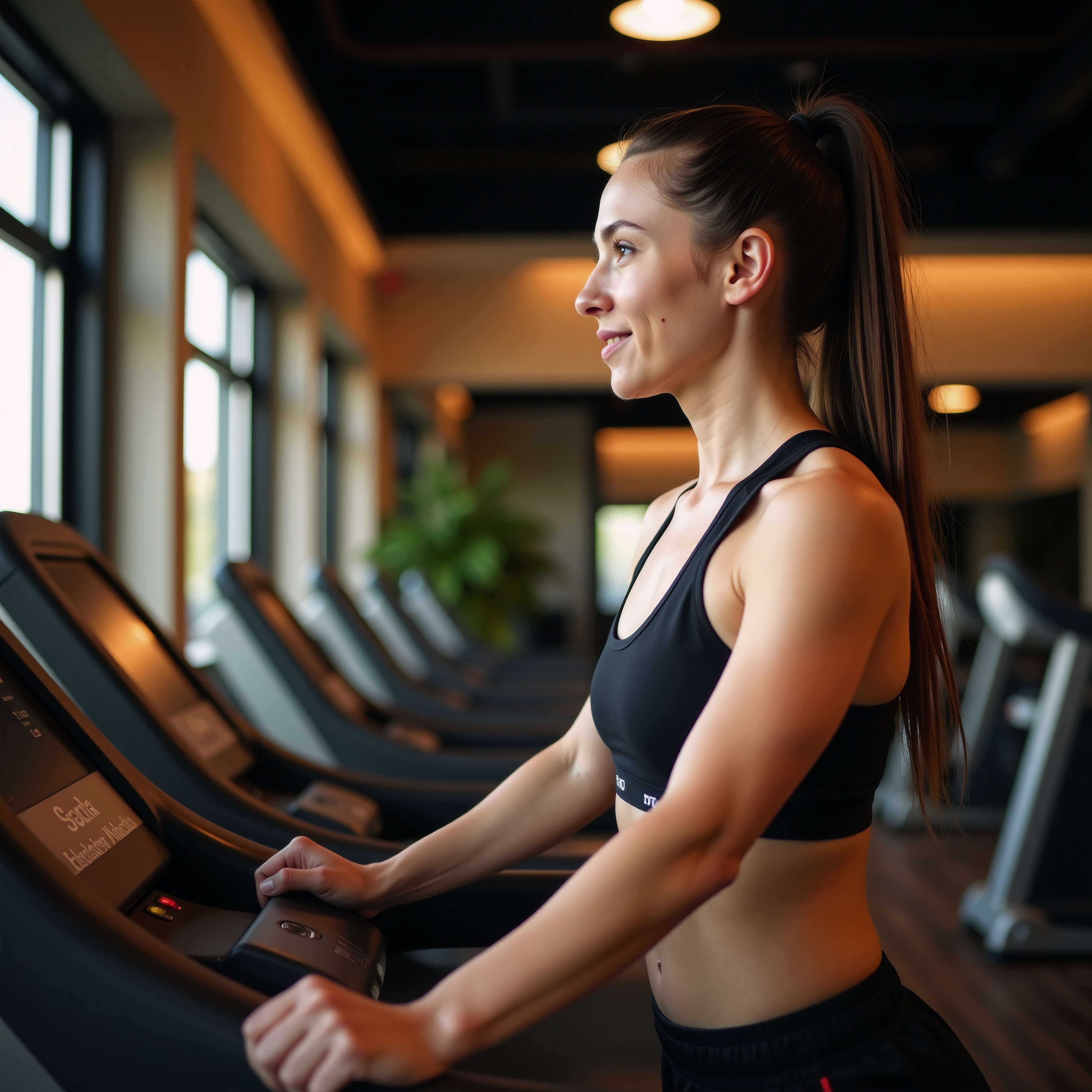 Woman walking on treadmill stock image