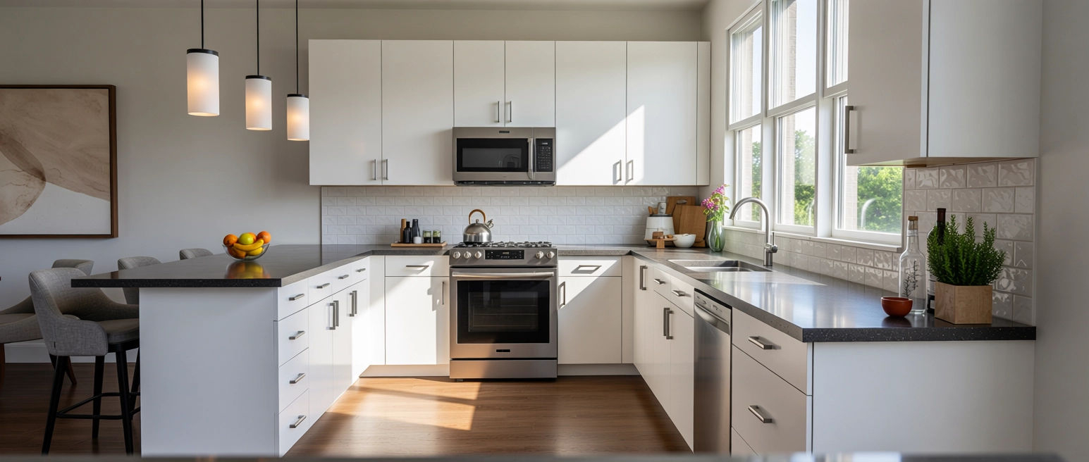 View of Townhouse kitchen featuring bar with stools, white cabinets, and stainless steel appliances