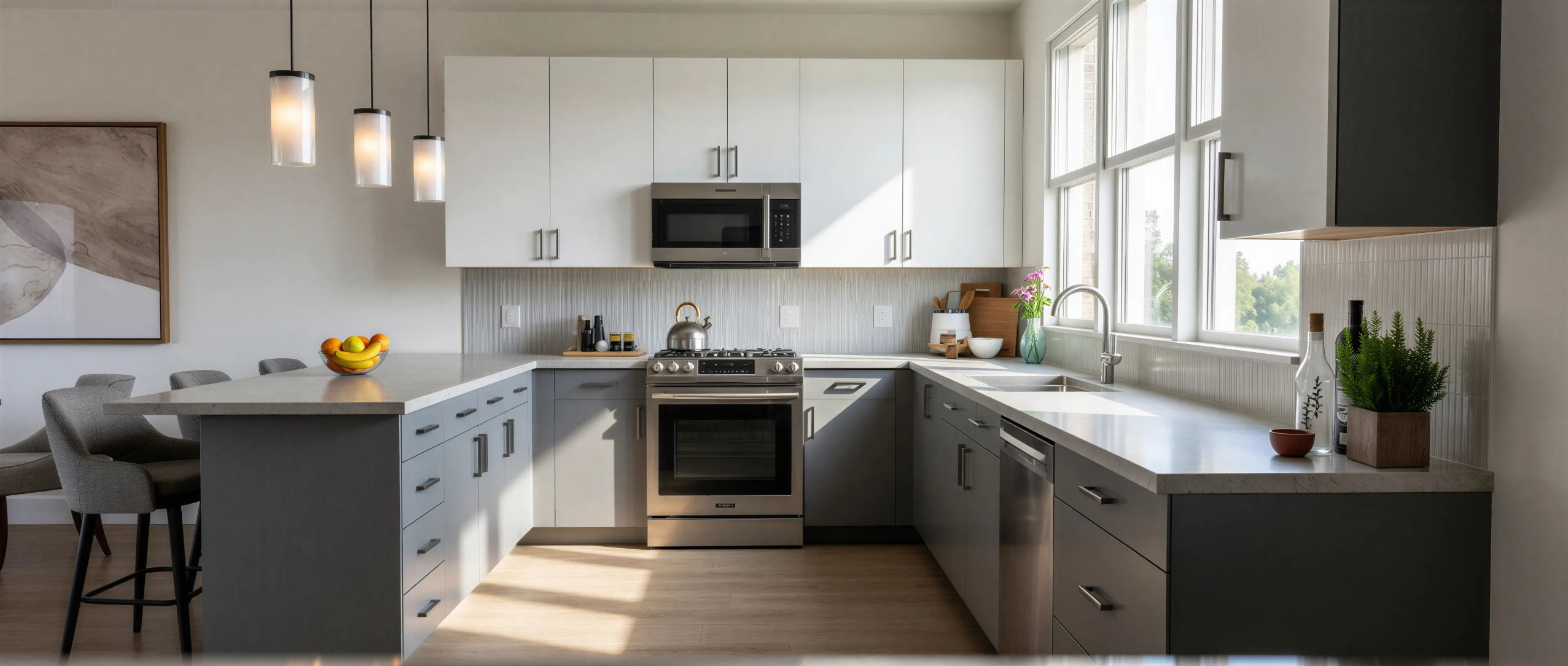 View of Townhouse kitchen featuring bar with stools, gray cabinets, and stainless steel appliances