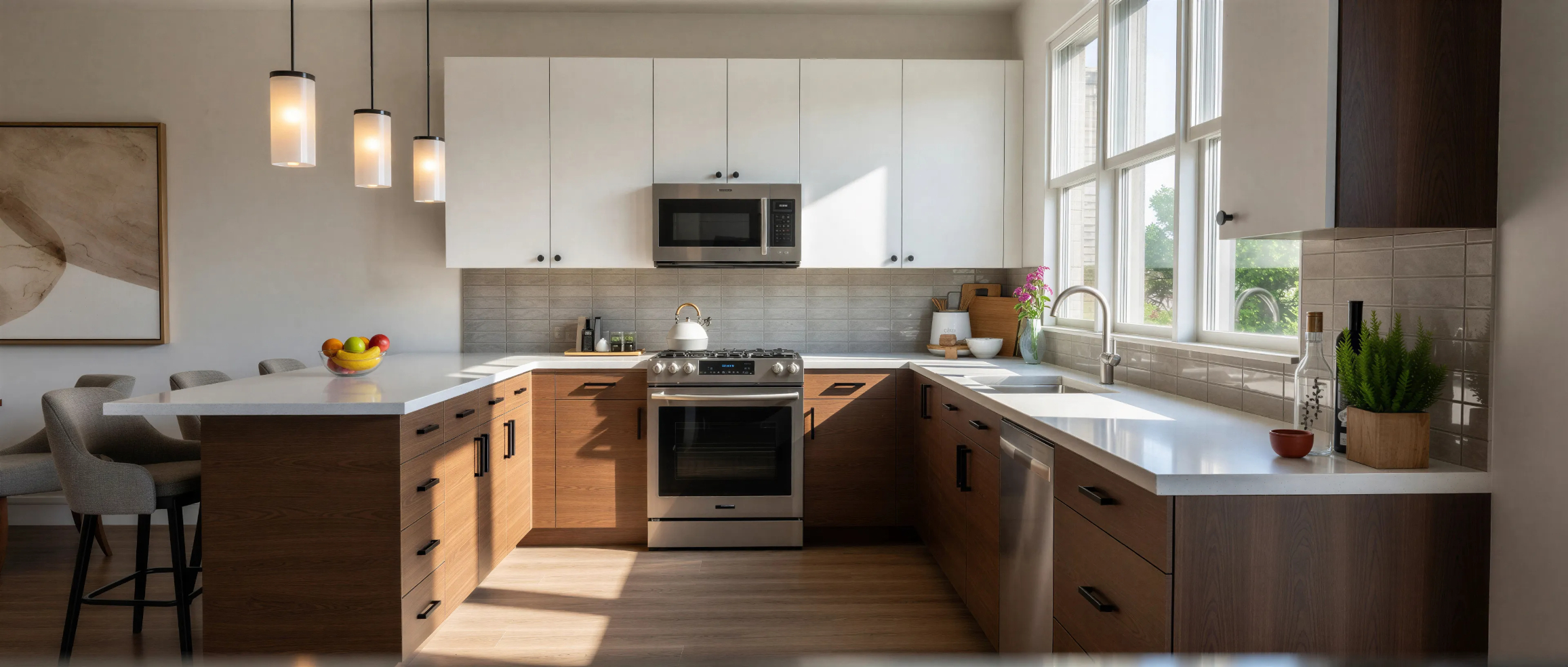 View of Townhouse kitchen featuring sink beneath large window, brown cabinets, and stainless steel appliances