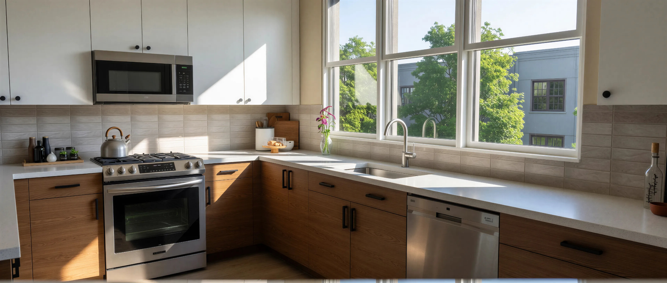 View of Townhouse kitchen featuring sink beneath large window, brown cabinets, and stainless steel appliances