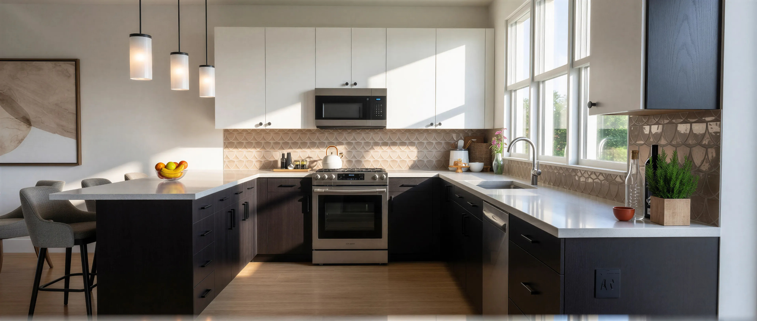 View of Townhouse kitchen featuring bar with stools, dark gray cabinets, and stainless steel appliances