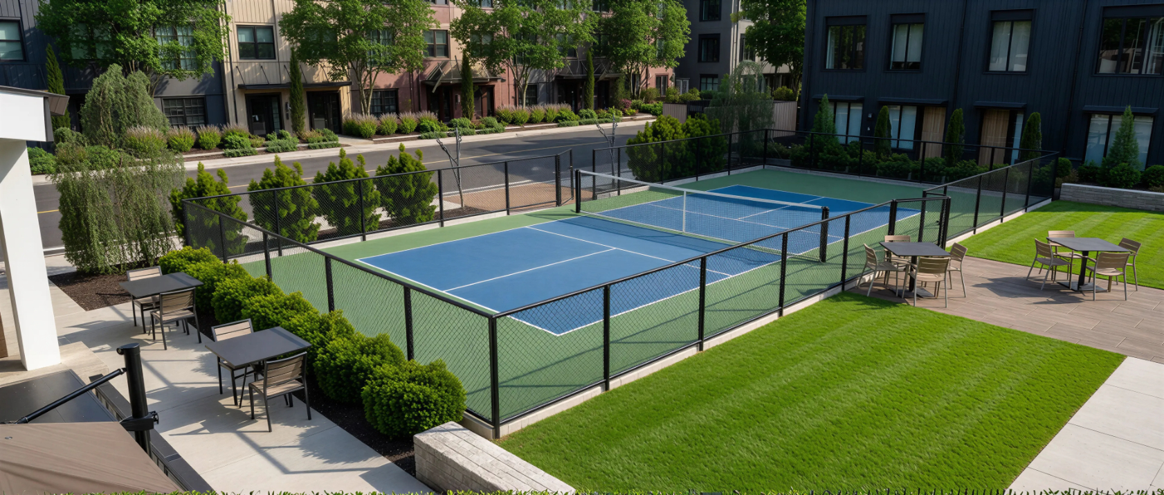 Outdoor courtyard rendering with view of pickle ball court