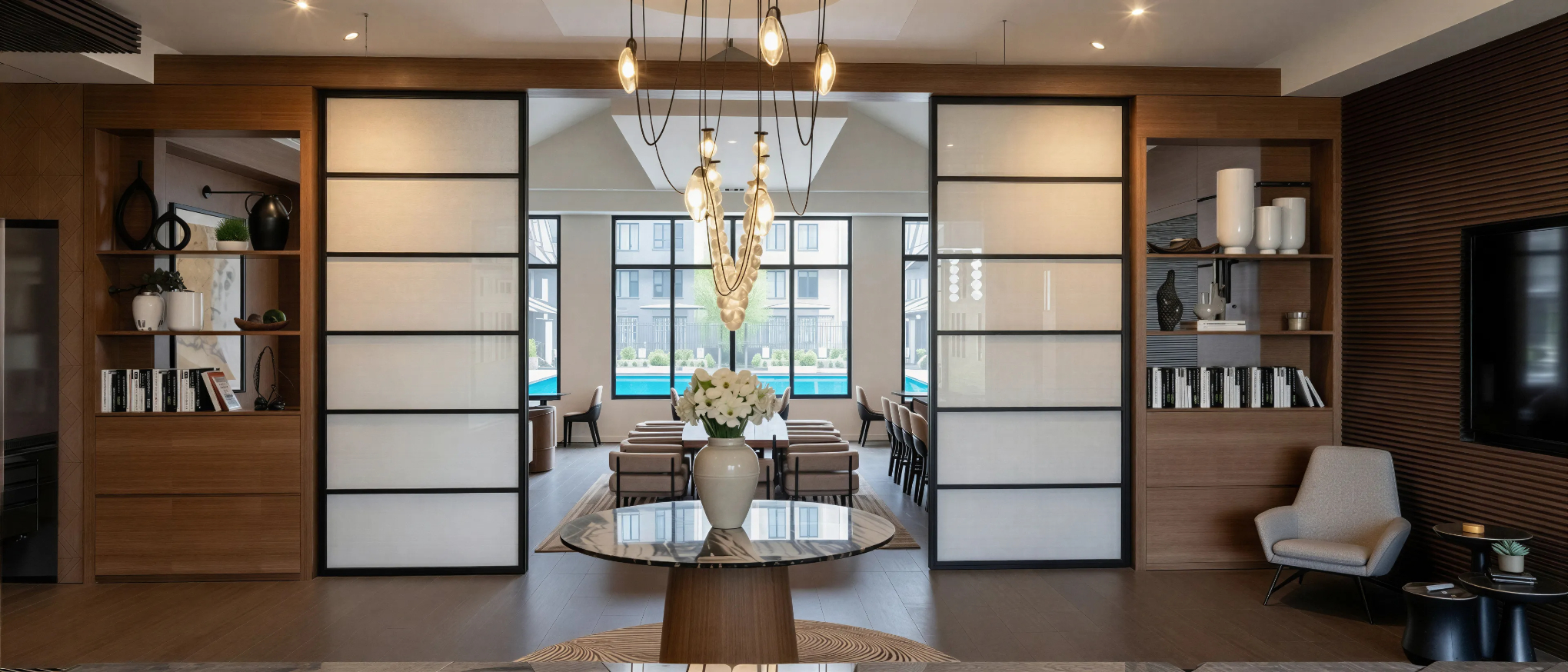 Rendering of banquette hall entry with tables and chairs and view of window featuring pool view 