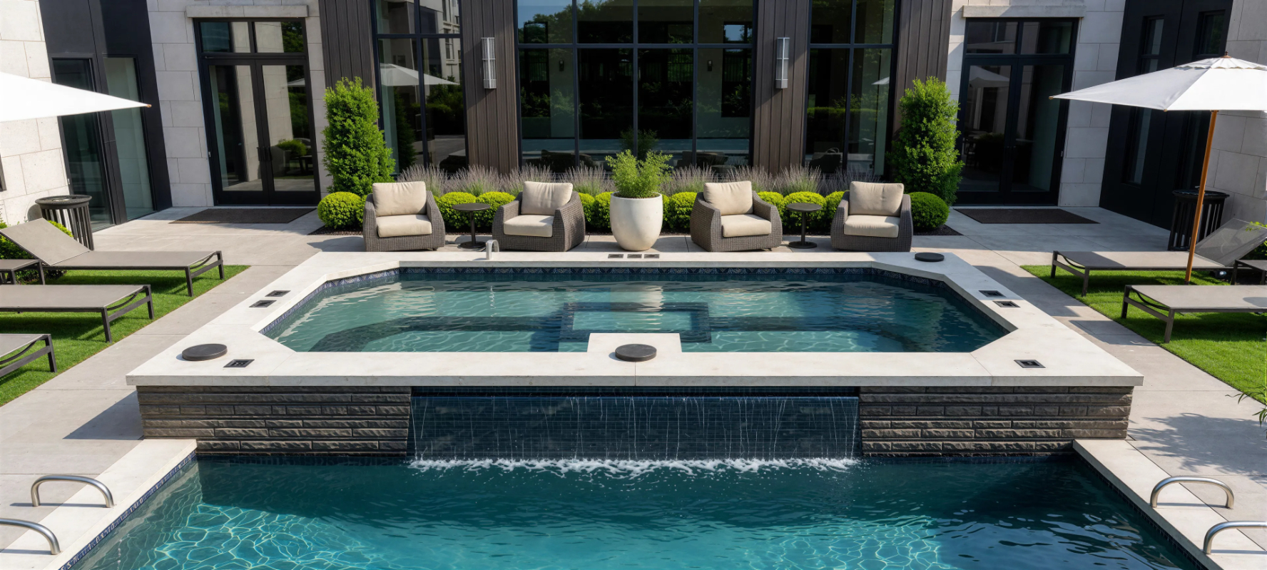 Rendering of hot tub in day time surrounded by lounge chairs and umbrellas