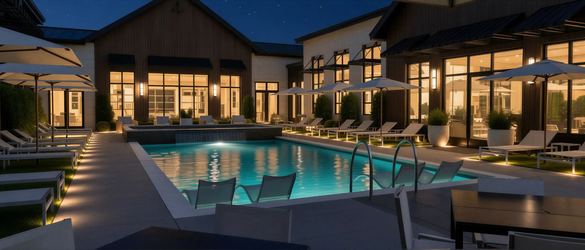 Rendering of pool and lounge chairs with view of banquette hall at night