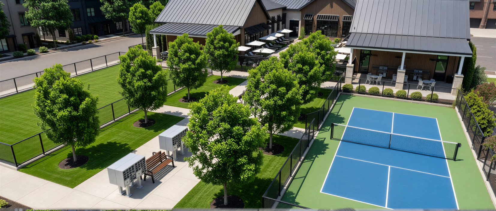Rendering of common areas featuring pickle ball court