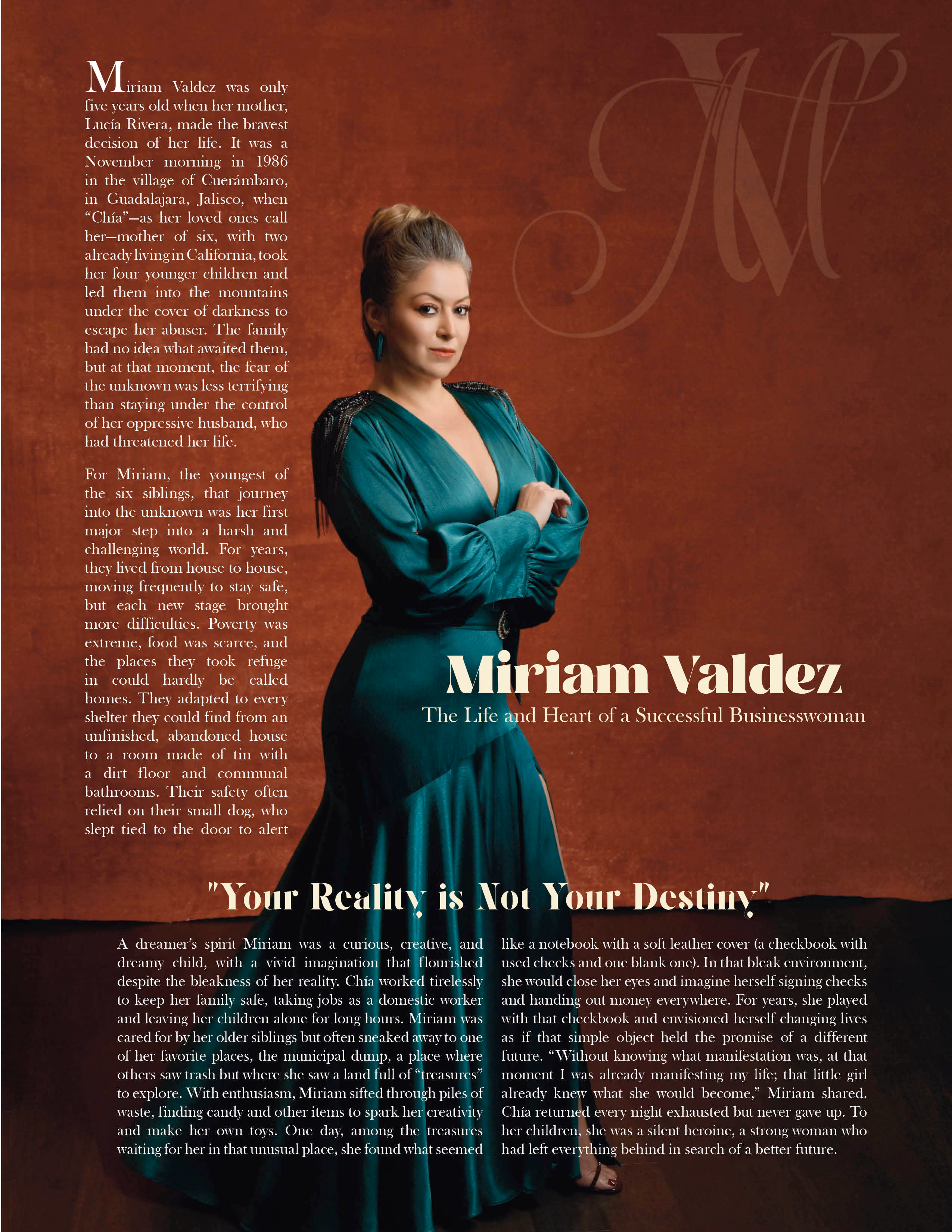 Portrait of Miriam Valdez in a teal dress against a brown background with text about her life and journey escaping abuse to become a successful businesswoman.