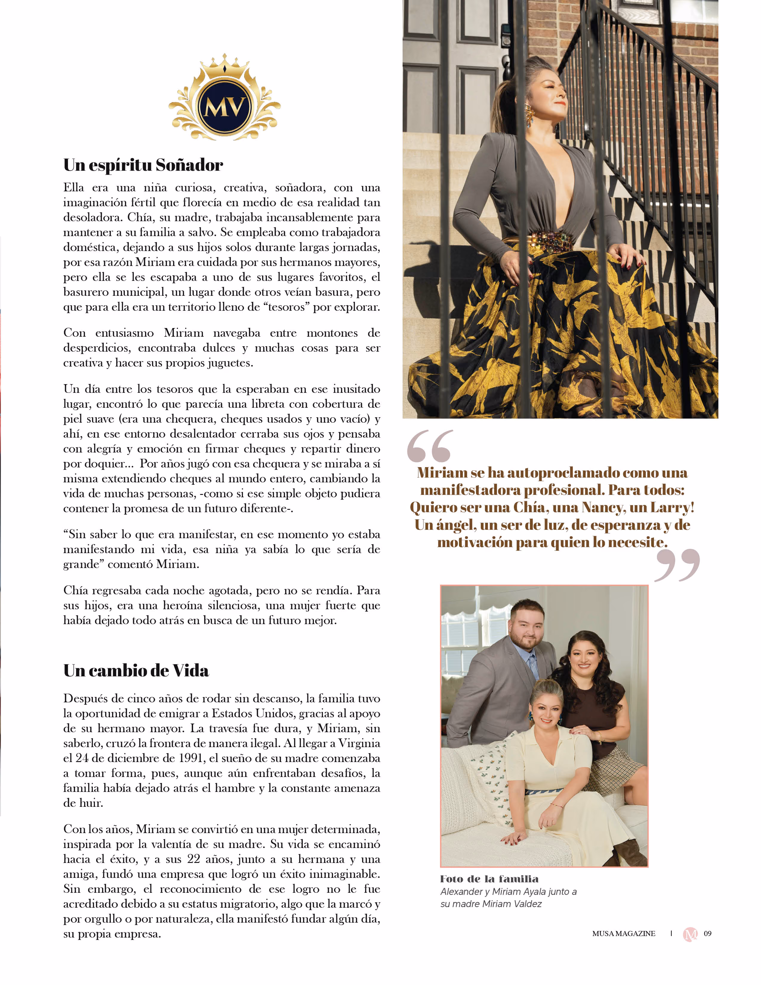 Magazine page with a story about Miriam Valdez featuring her portrait sitting on outdoor stairs, a quote about her as a professional manifestor, and a family photo including Miriam, Alexander, and their mother Miriam Valdez.