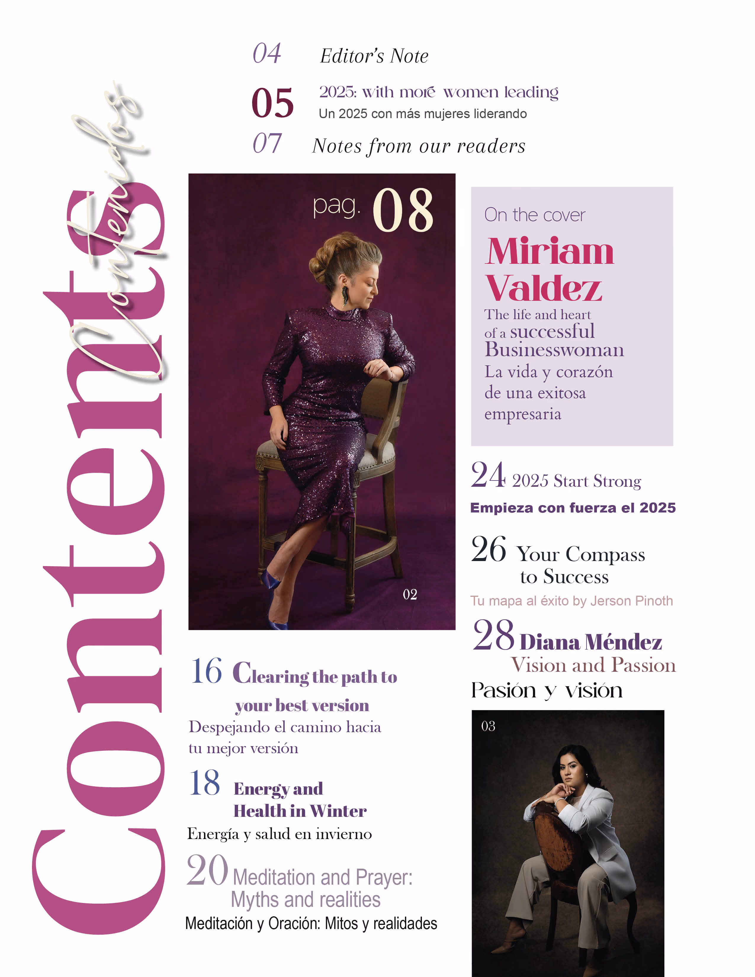 Magazine contents page featuring Miriam Valdez in a purple sequined dress sitting sideways on a chair, with article titles in English and Spanish about leadership, wellness, and success.