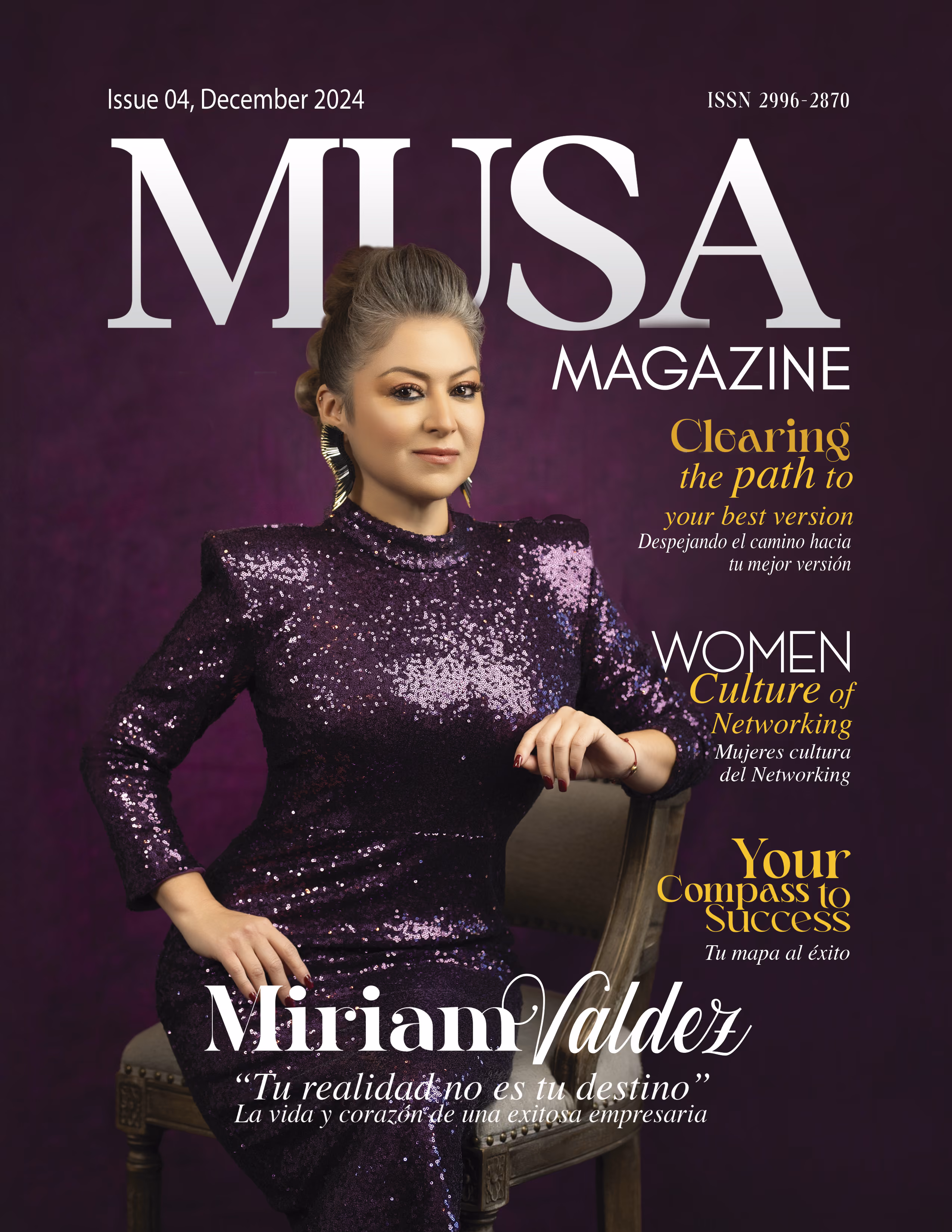 Miriam Valdez seated wearing a purple sequined dress on the cover of MUSA Magazine, December 2024 issue.