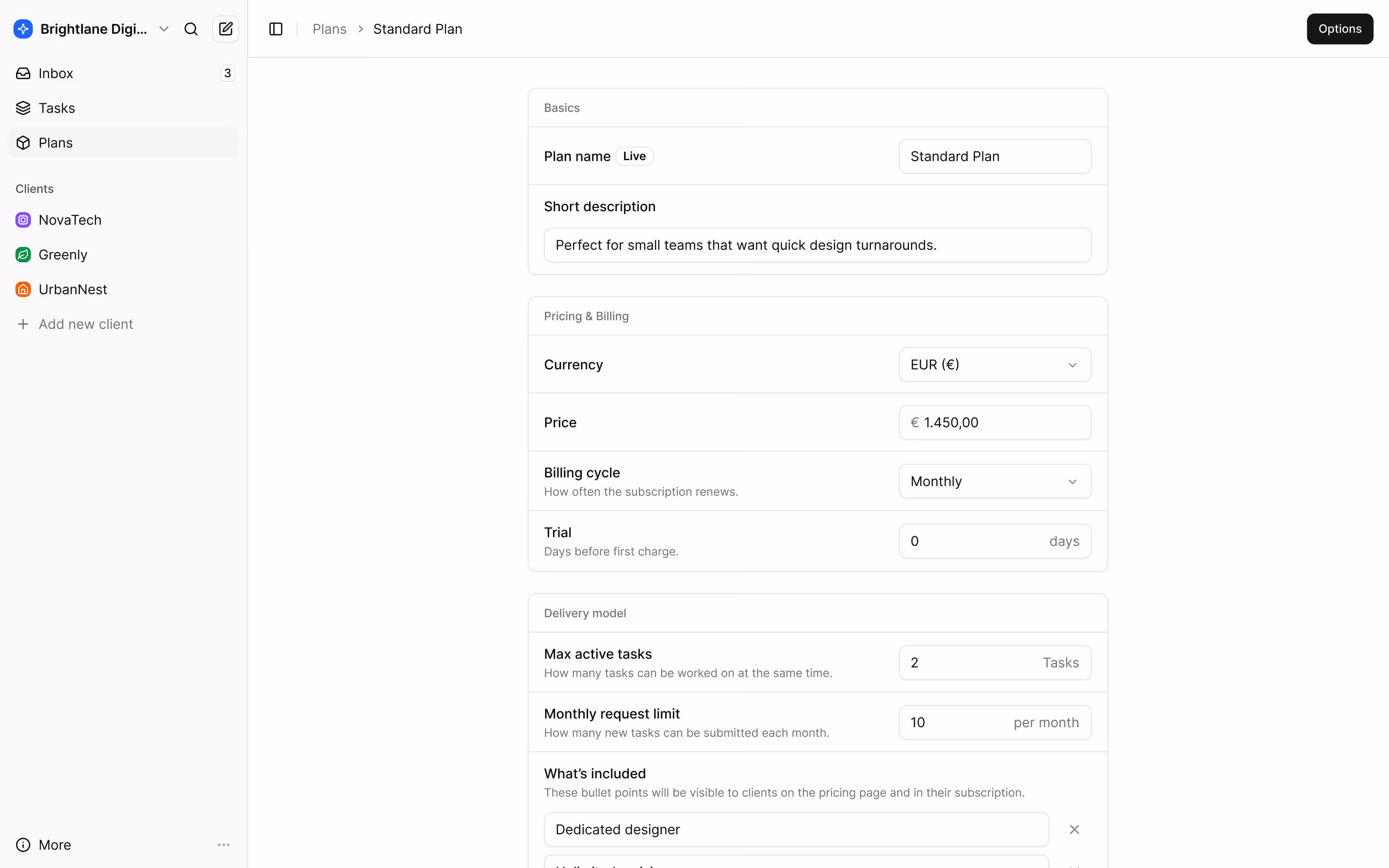 User interface showing Standard Plan details including plan name, short description, currency in EUR, price €1,450, monthly billing, no trial days, max 2 active tasks, monthly request limit of 10, and a dedicated designer included.