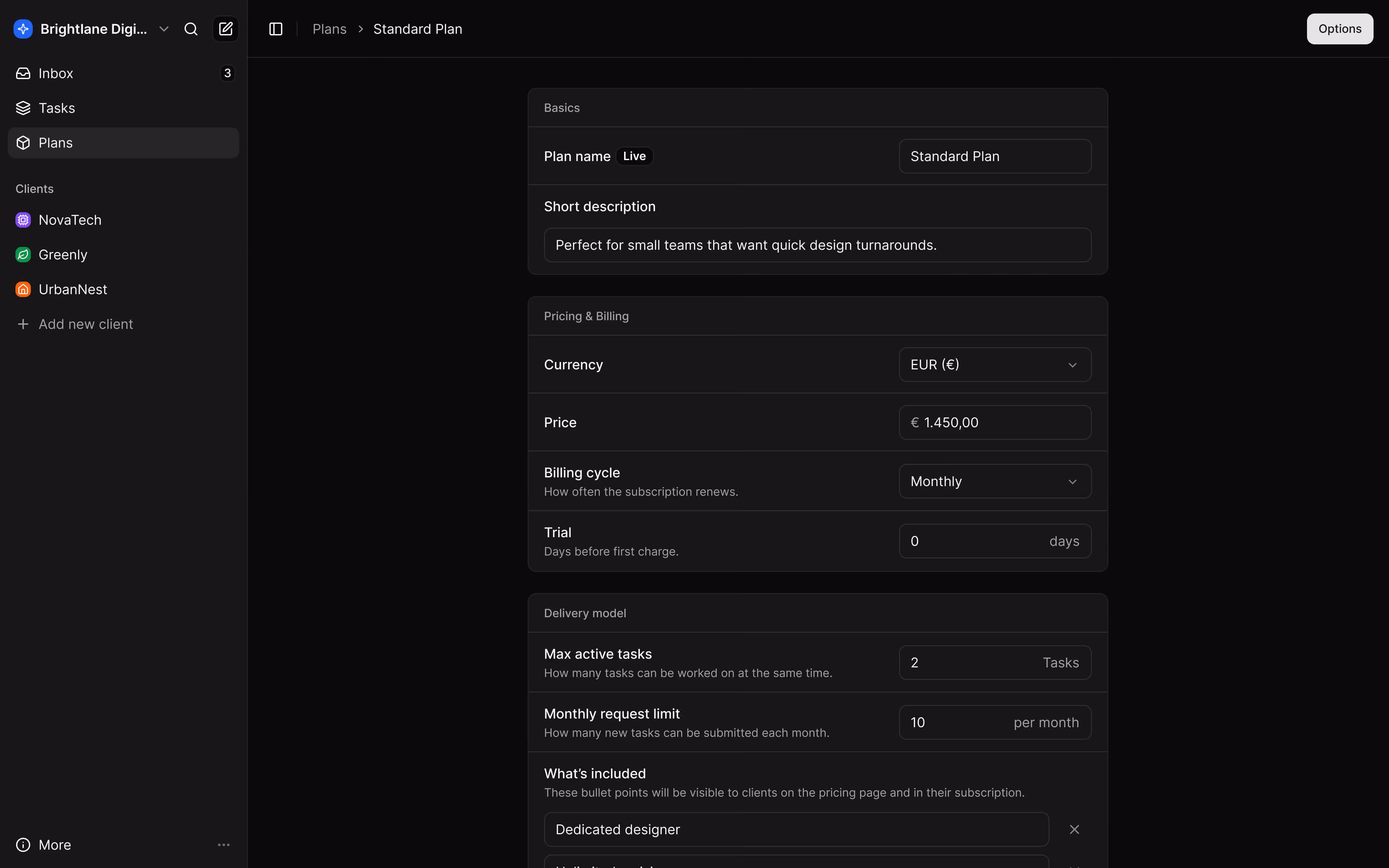Dashboard interface displaying a Standard Plan setup with sections for basics, pricing and billing, and delivery model on a dark background.