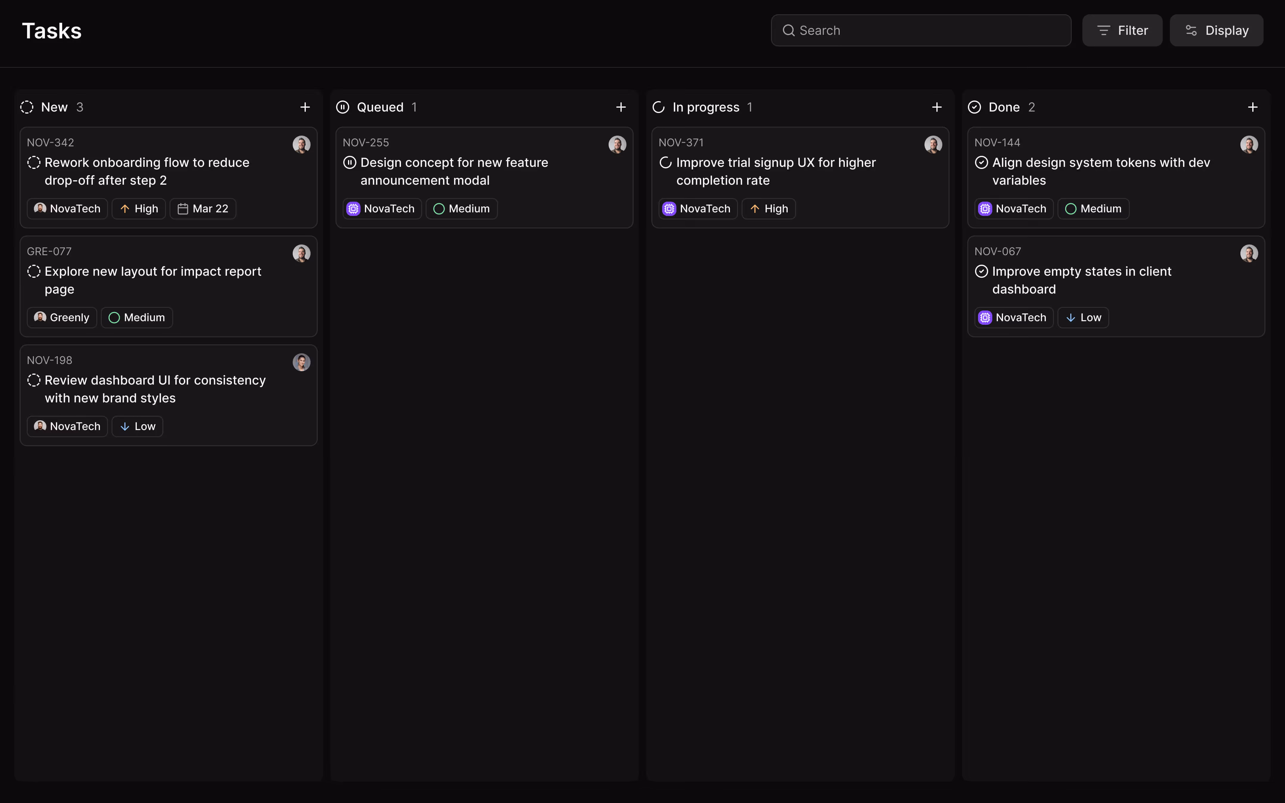 Task management dashboard with four columns labeled New, Queued, In progress, and Done, listing tasks with priorities, dates, and assigned users.