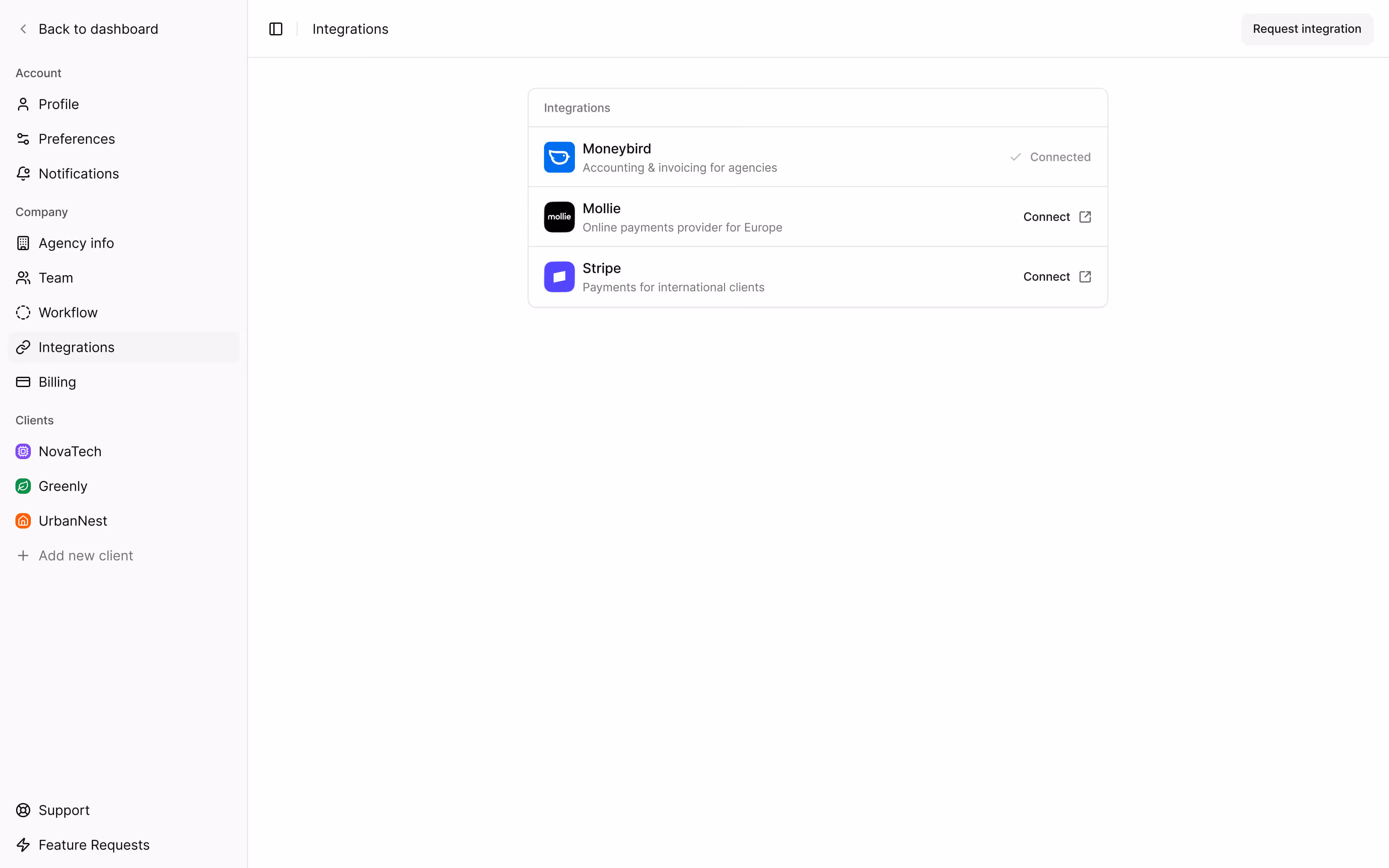 Dashboard screen displaying integrations with Moneybird connected and options to connect Mollie and Stripe, with a sidebar menu listing account, company, and client sections.