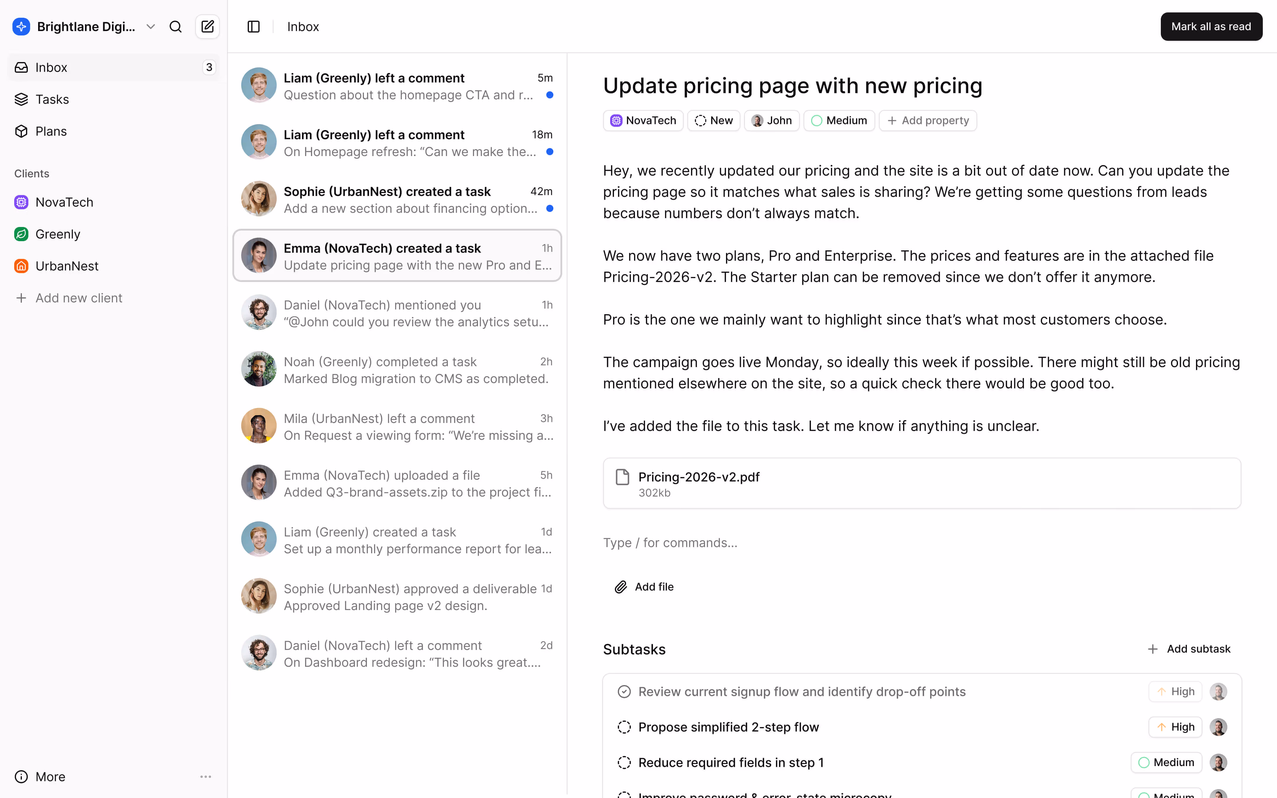 User interface showing a project management inbox with messages and a selected task to update the pricing page, including subtasks and a PDF attachment.