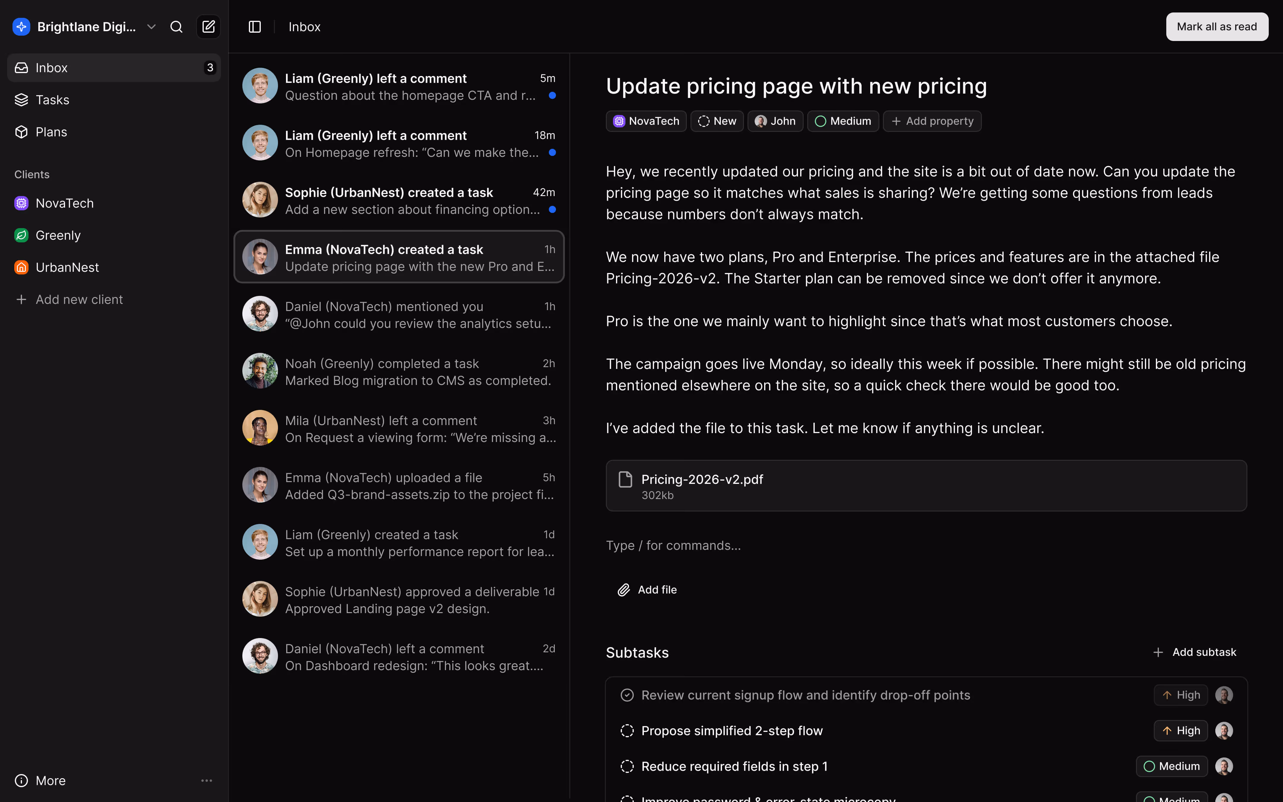 Dark mode project management dashboard showing an inbox with comments and tasks related to updating pricing page, including a file attachment and subtasks with priority labels.