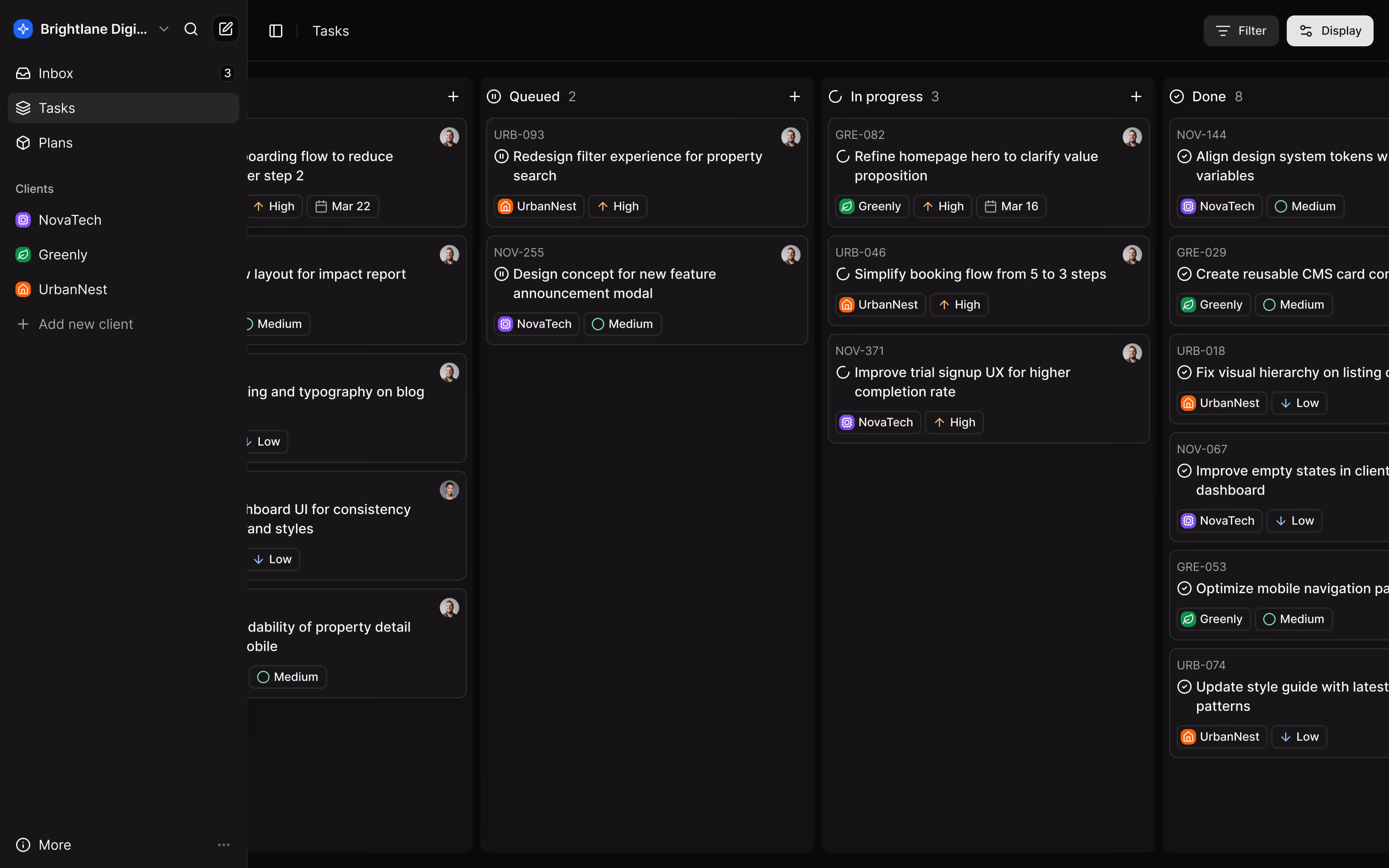 Dark-themed task management dashboard showing columns for Queued, In progress, and Done tasks with client labels and priority tags.