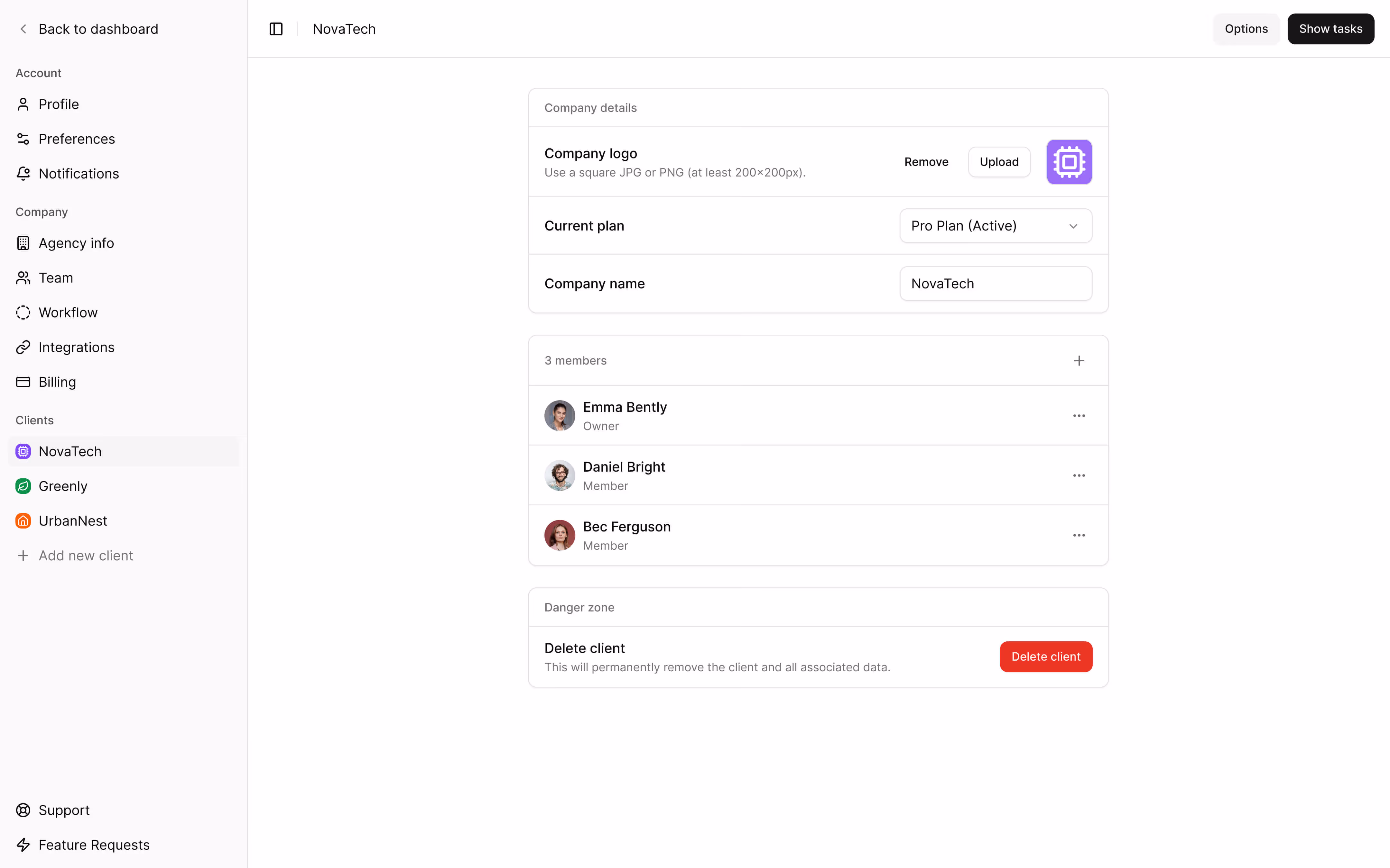 NovaTech client dashboard displaying company details, current Pro Plan subscription, three team members, and a red button to delete the client.