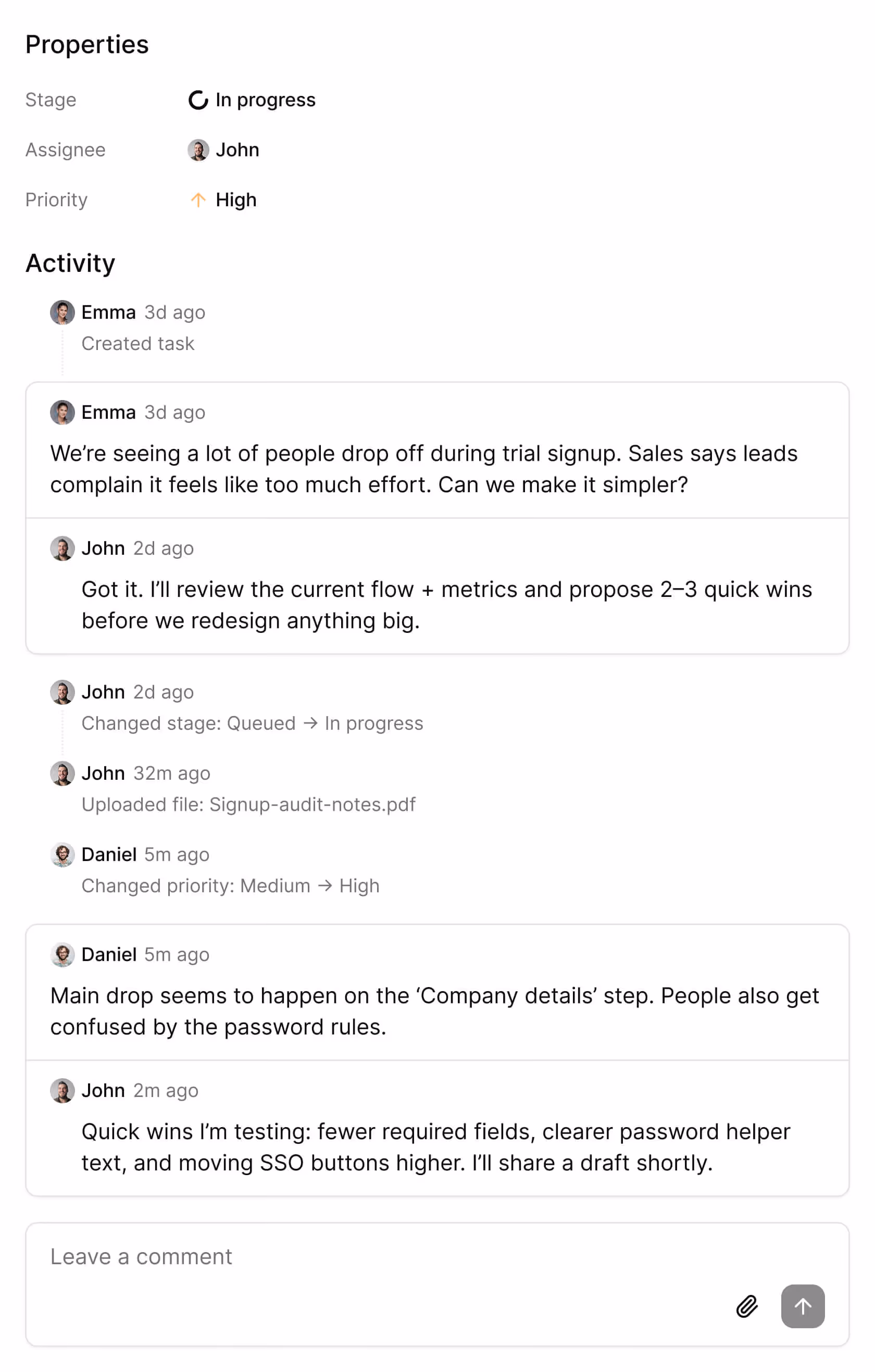 Task management interface showing properties with stage In progress assigned to John and high priority, and activity feed with comments discussing trial signup issues and proposed improvements.