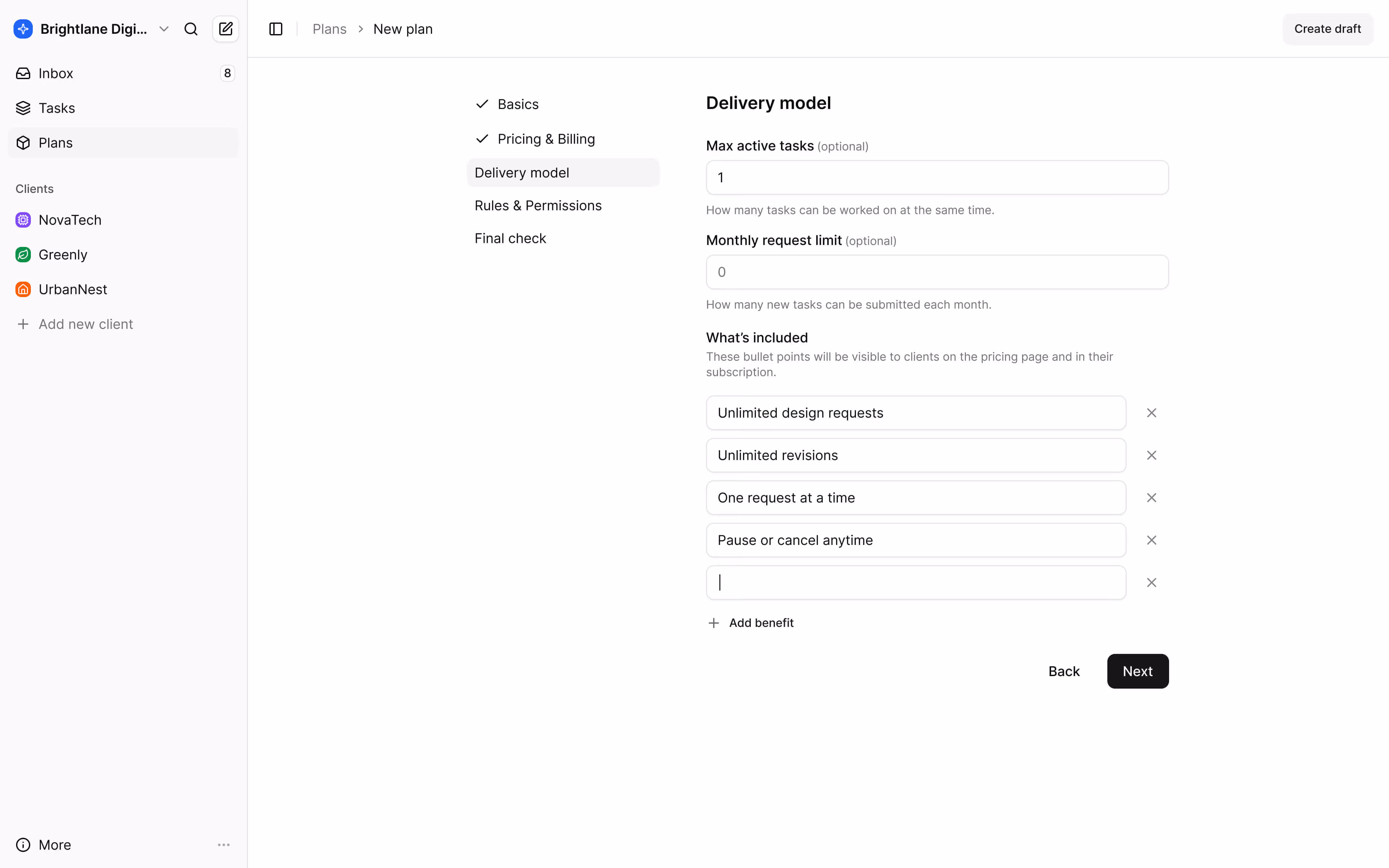 User interface for creating a new plan showing delivery model settings with fields for max active tasks and monthly request limit, and a list of included benefits like unlimited design requests and revisions.