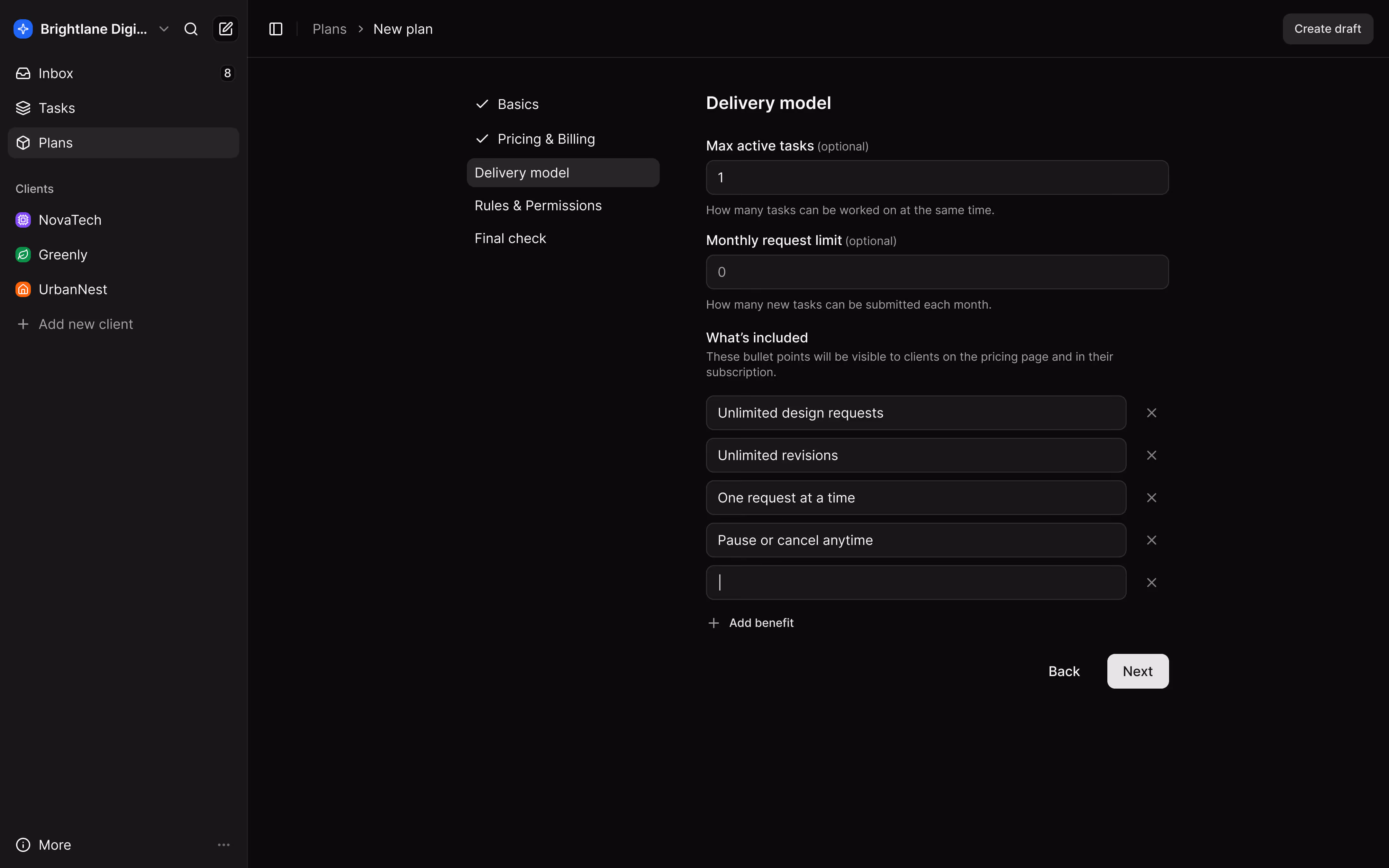 Dark-themed project management interface showing delivery model settings with options for max active tasks, monthly request limit, and included benefits like unlimited design requests and revisions.