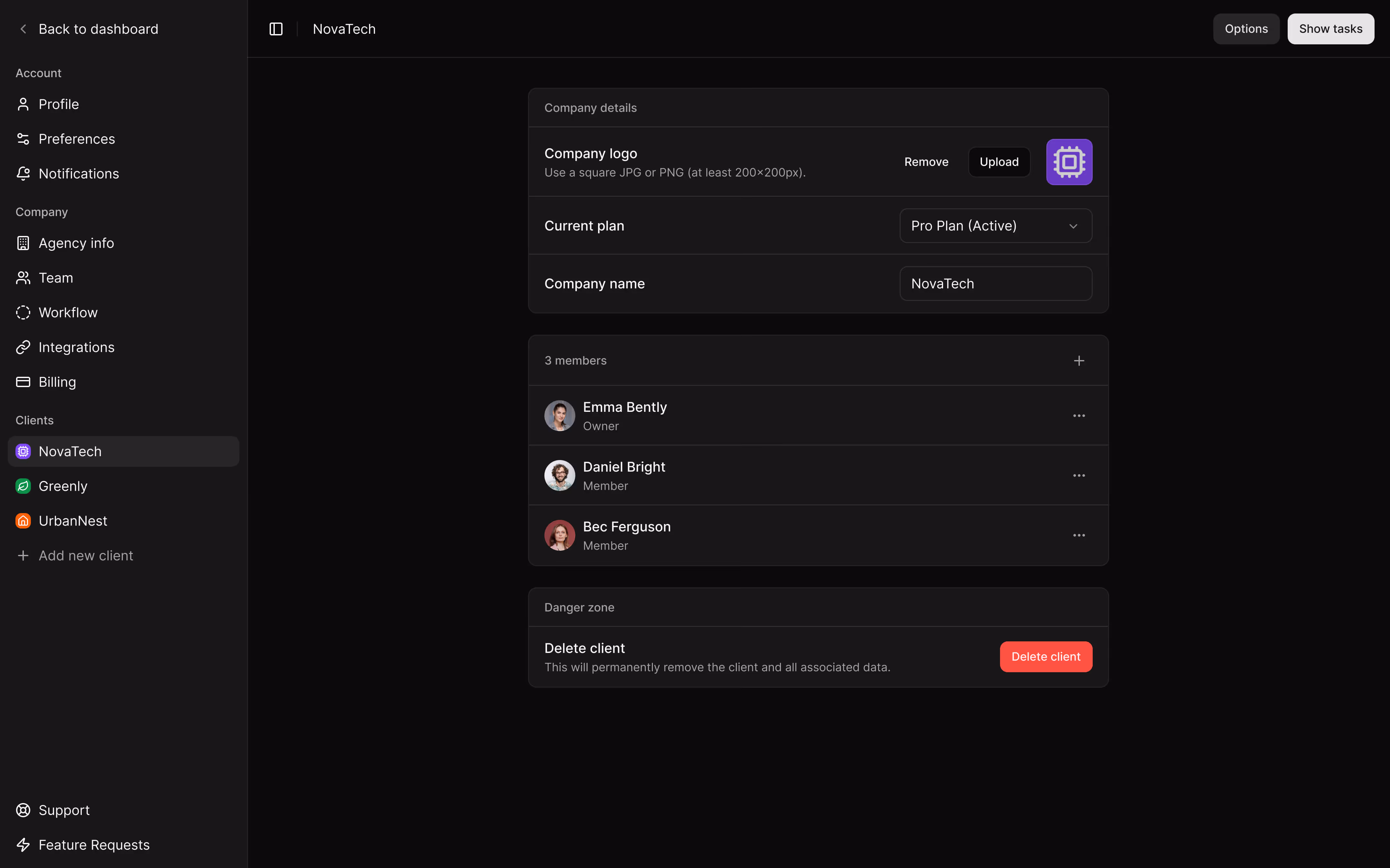 Dark mode dashboard interface showing NovaTech client settings with company details, three members, and a delete client option.