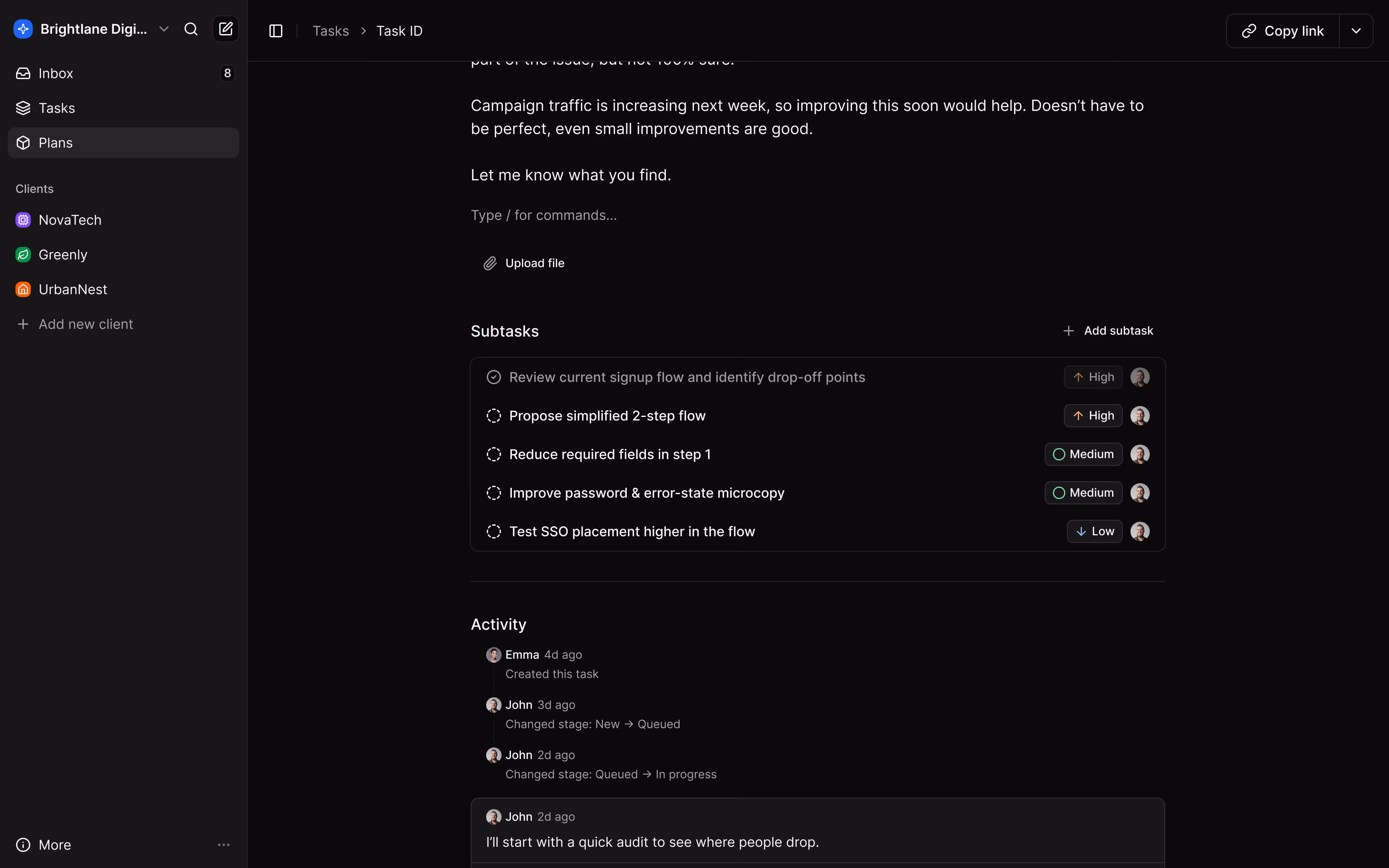 Task management interface showing a task with subtasks and their priorities, client list on left sidebar, and recent activity comments at the bottom.
