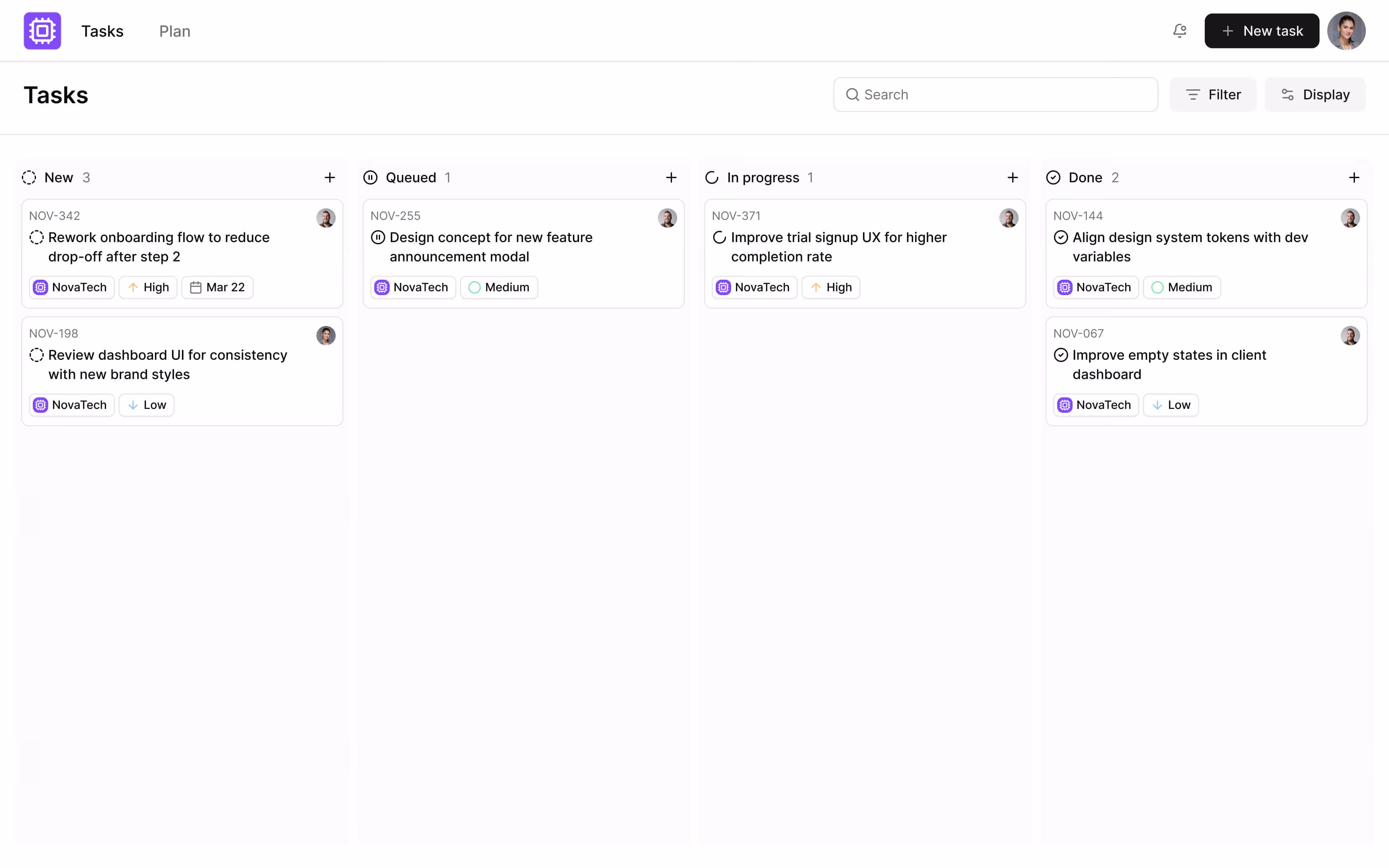 Task management dashboard showing columns for New, Queued, In progress, and Done tasks with details like priority, date, and assigned user.