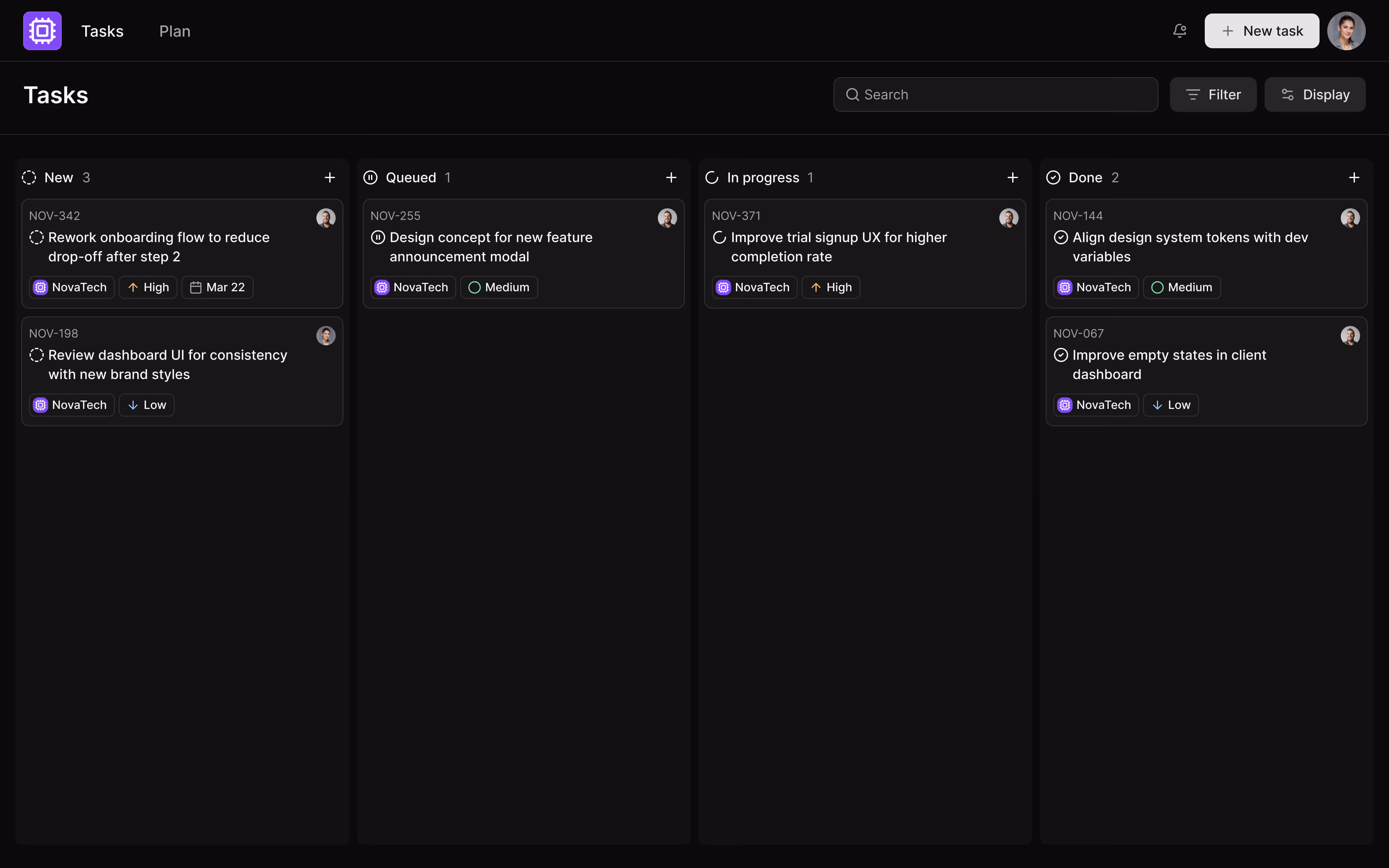 Task management dashboard with four columns: New, Queued, In progress, and Done, each containing tasks with titles, priorities, dates, and user avatars.