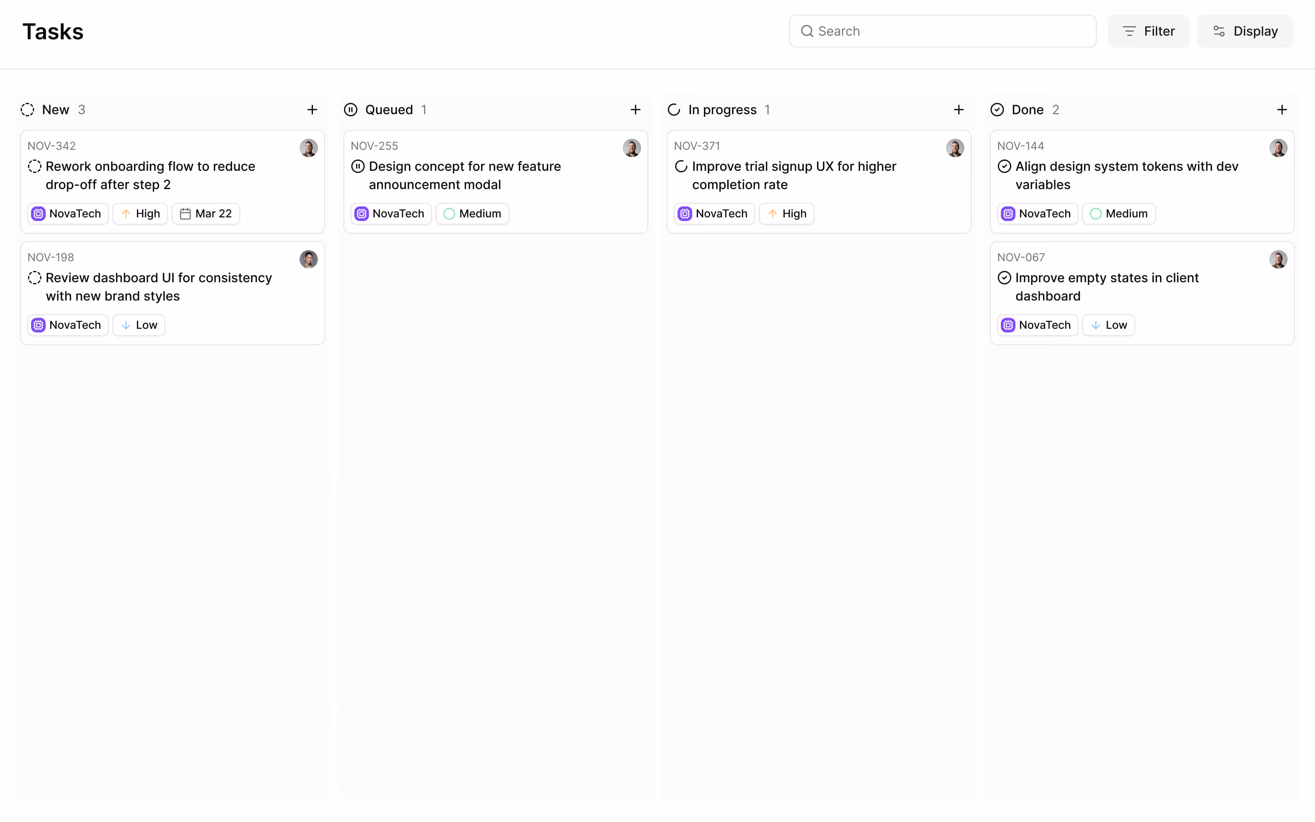Task management board with columns New, Queued, In progress, and Done showing various tasks with priorities and dates.