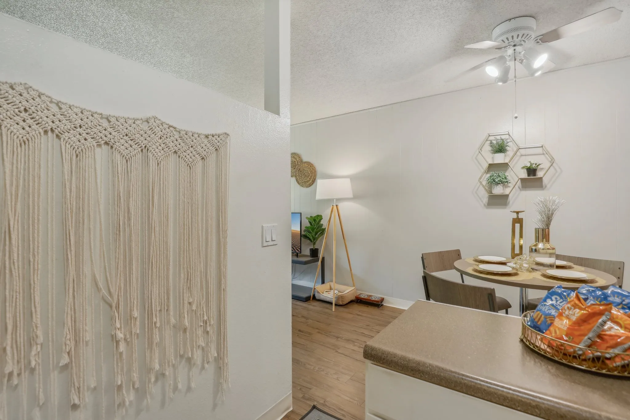 view from kitchen of dining and living area