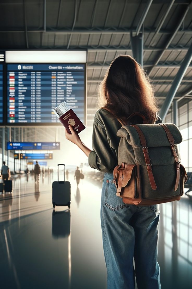 Student traveler at airport preparing for international study with passport