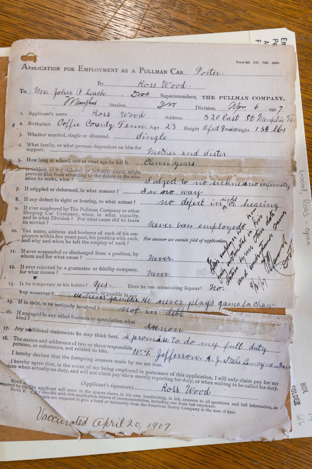 application for employment a a pullman car porter