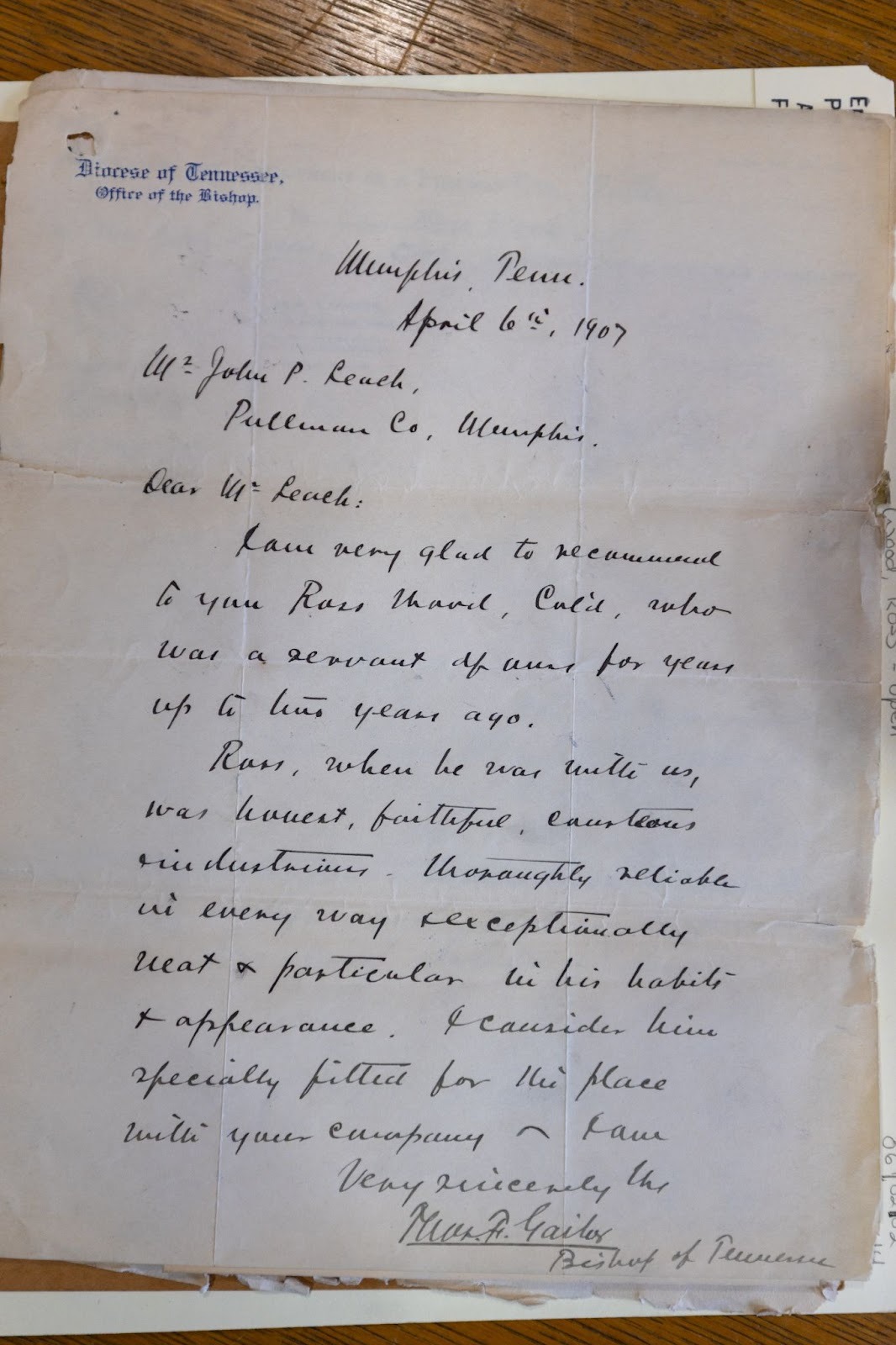 letter of recommendation from the office of the bishop for a pullman porter