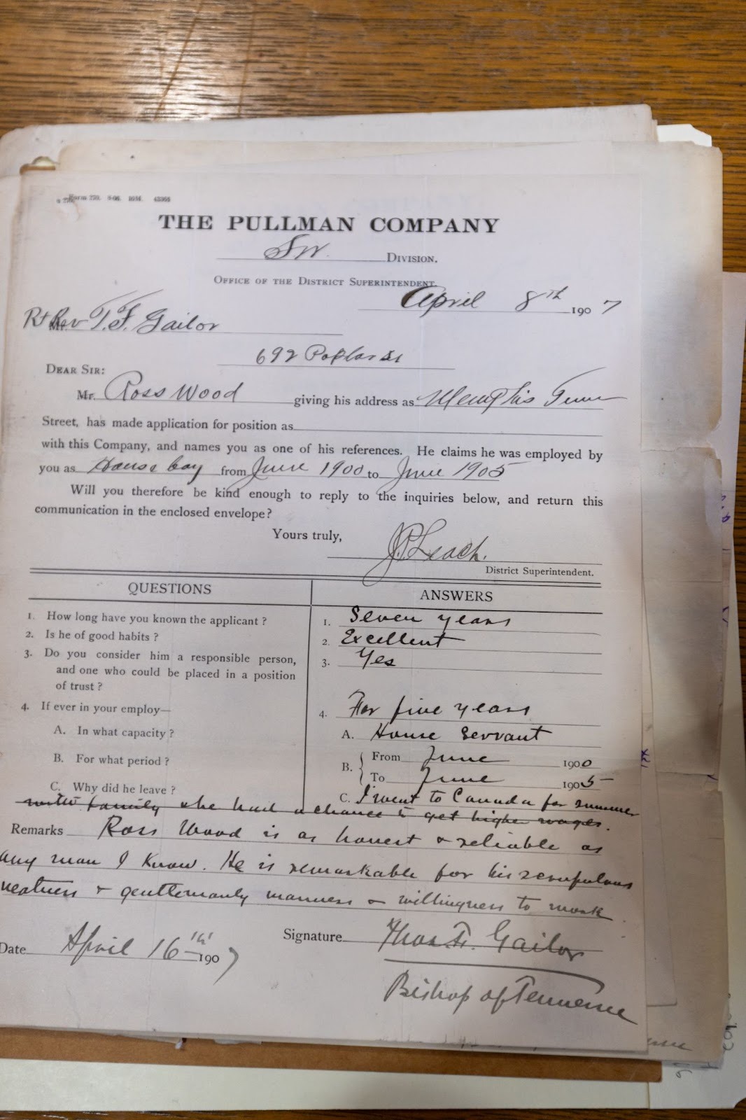 letter of recommendation for a pullman porter