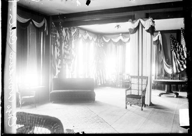 Room decorated with bunting and flags inside the Chicago Woman's Club