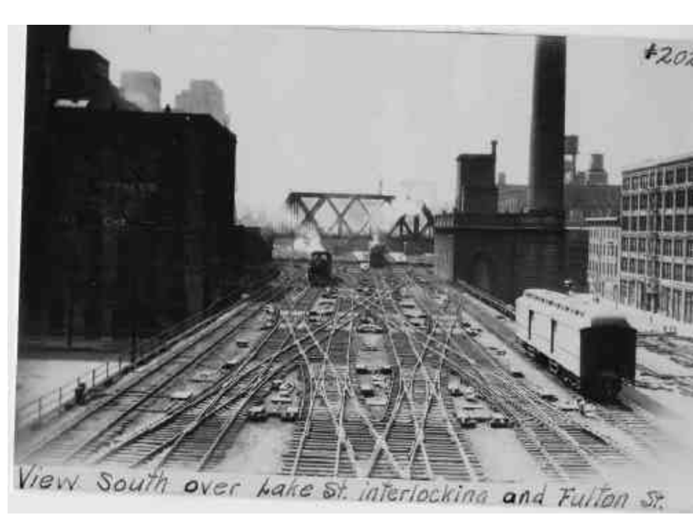 view south over lake st interlocking and fulton st train tracks