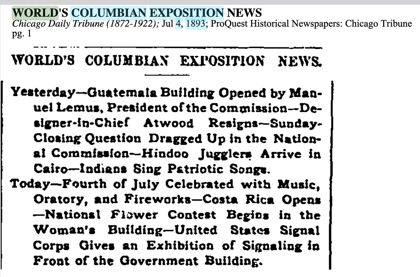 chicago tribune article july 4th 1893 world's columbian exposition