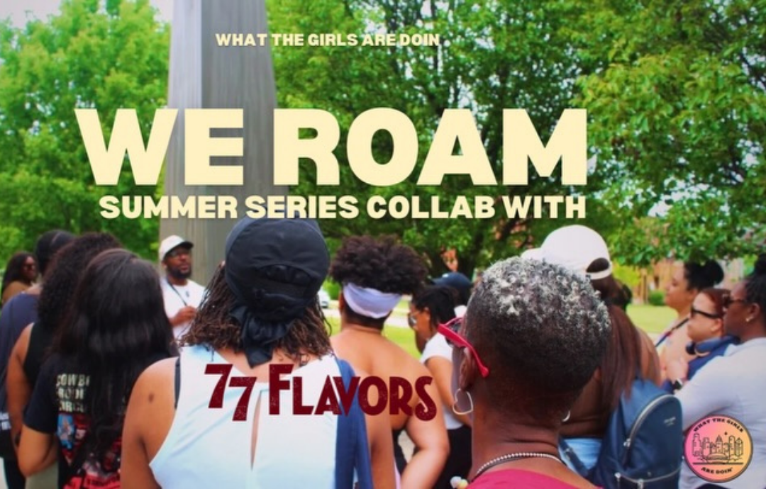 We Roam Pilsen: Summer Series Collab with What the Girls Are Doin'. A crowd outside on a tour, listening as Dario speaks.