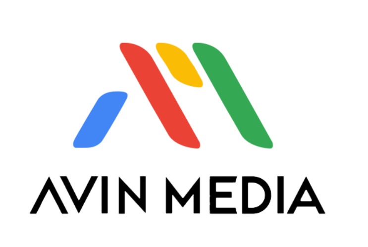 Avin Media company logo with stylized letters and colorful shapes in blue, red, yellow, and green above text.