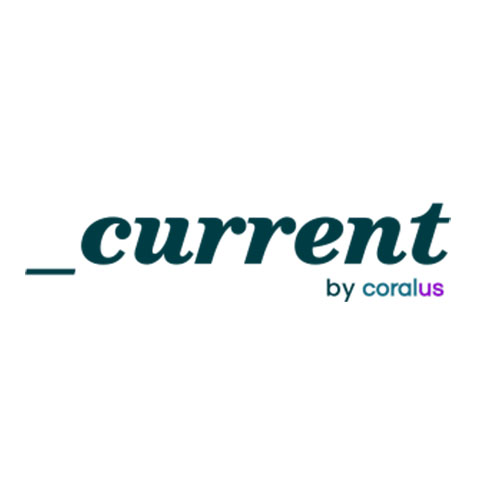 Current brand logo with the text 'current' in teal and 'by coralus' in smaller text beneath.