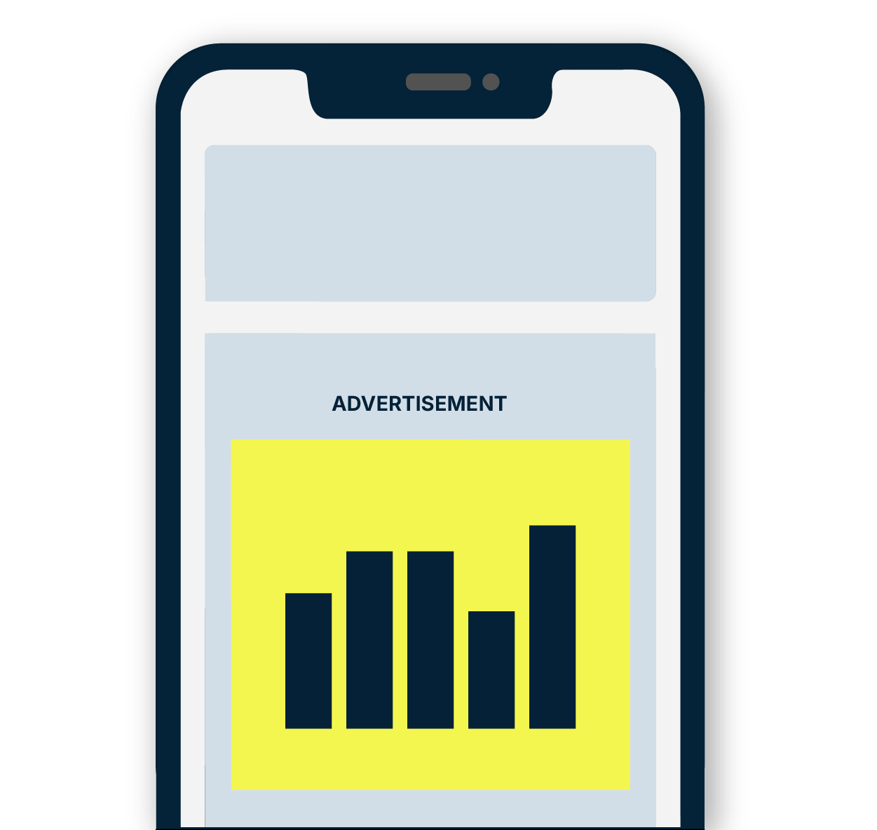 Description: A mobile phone screen displays an "Advertisement" mockup containing a simple bar chart. This image illustrates how the Indie Ads Manager ad server can display high-margin ads on mobile.