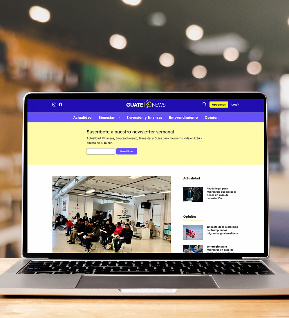 Laptop screen displaying GUATE NEWS website with newsletter subscription prompt and an article image showing people seated in a waiting area.